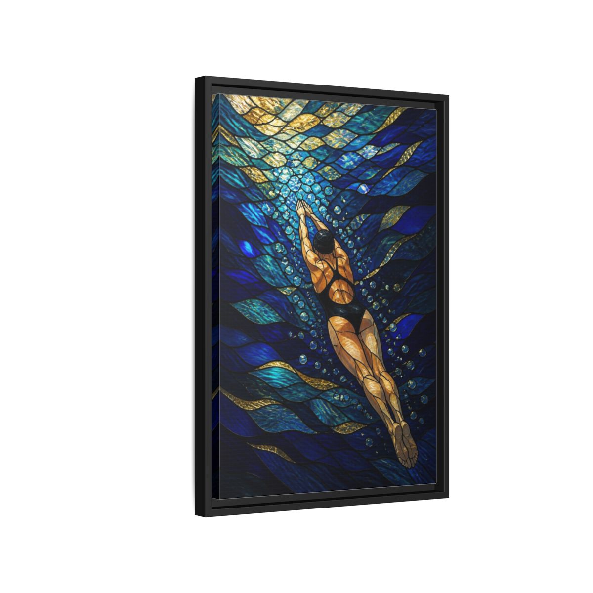 Side Mockup 3. Modern Swimmer Mosaic shown as framed canvas print