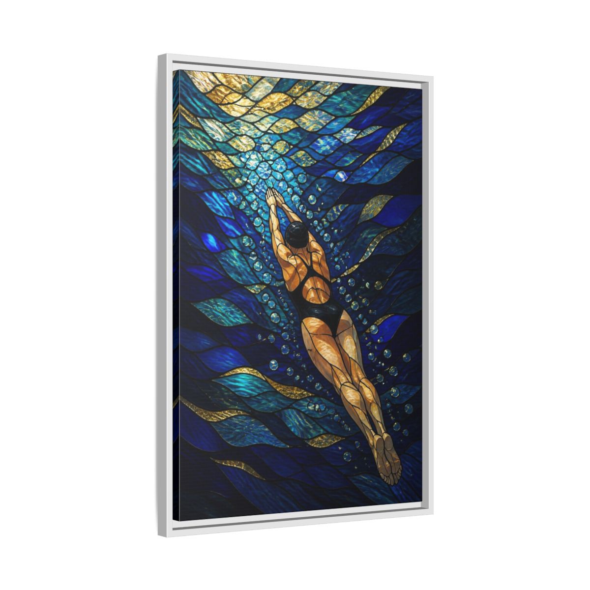 Side Mockup 10. Modern Swimmer Mosaic shown as framed canvas print