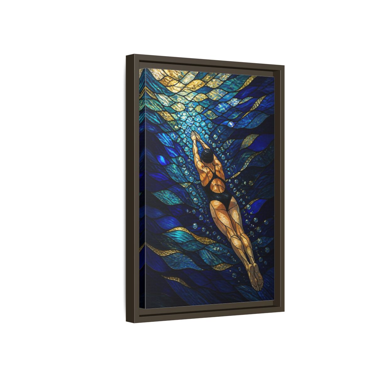 Side Mockup 5. Modern Swimmer Mosaic shown as framed canvas print