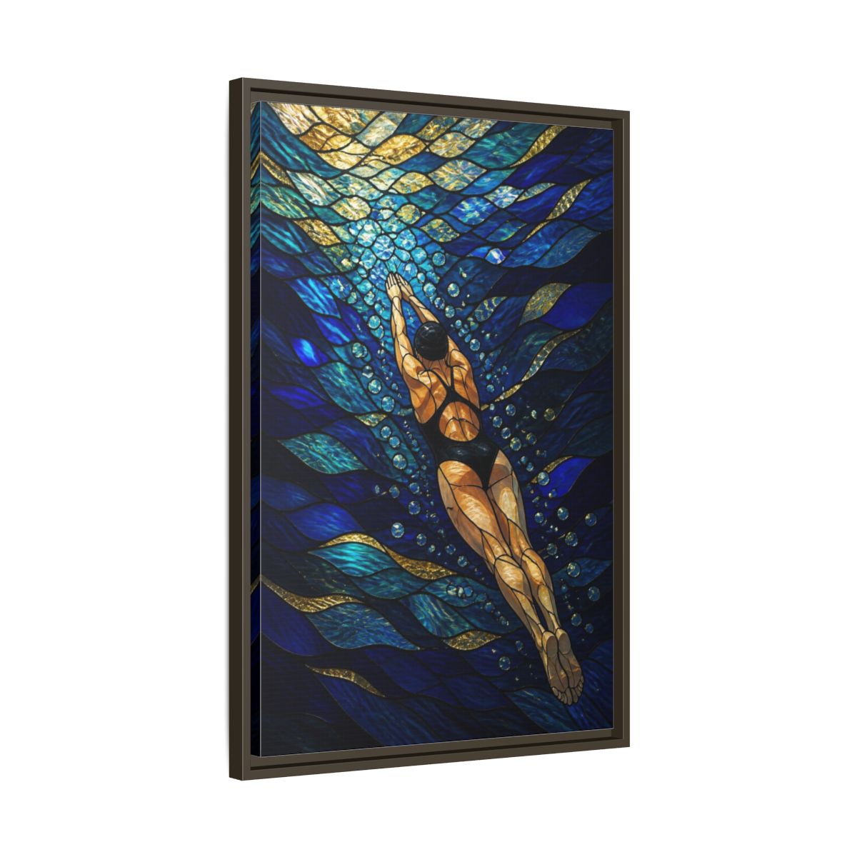 Side Mockup 11. Modern Swimmer Mosaic shown as framed canvas print