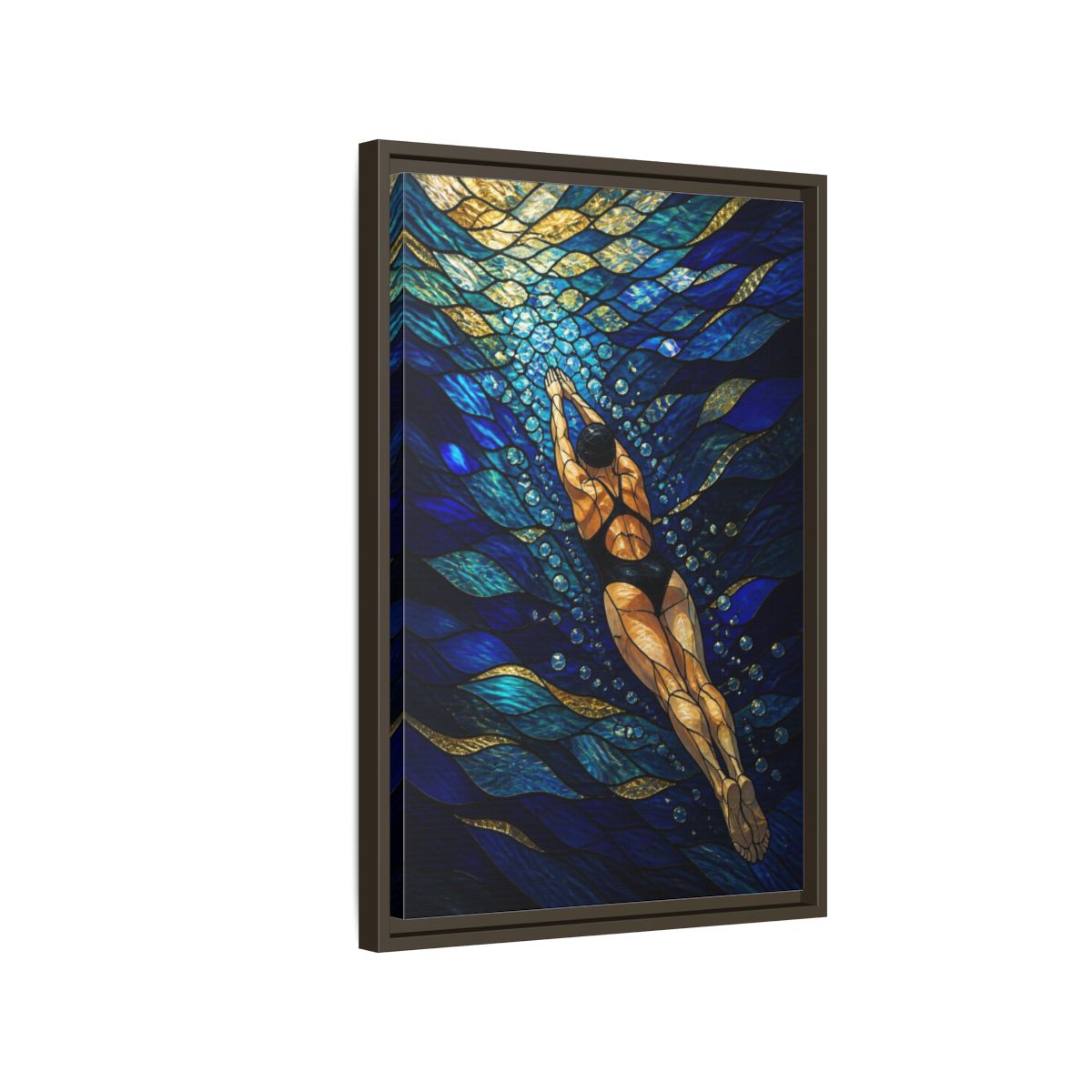 Side Mockup 2. Modern Swimmer Mosaic shown as framed canvas print