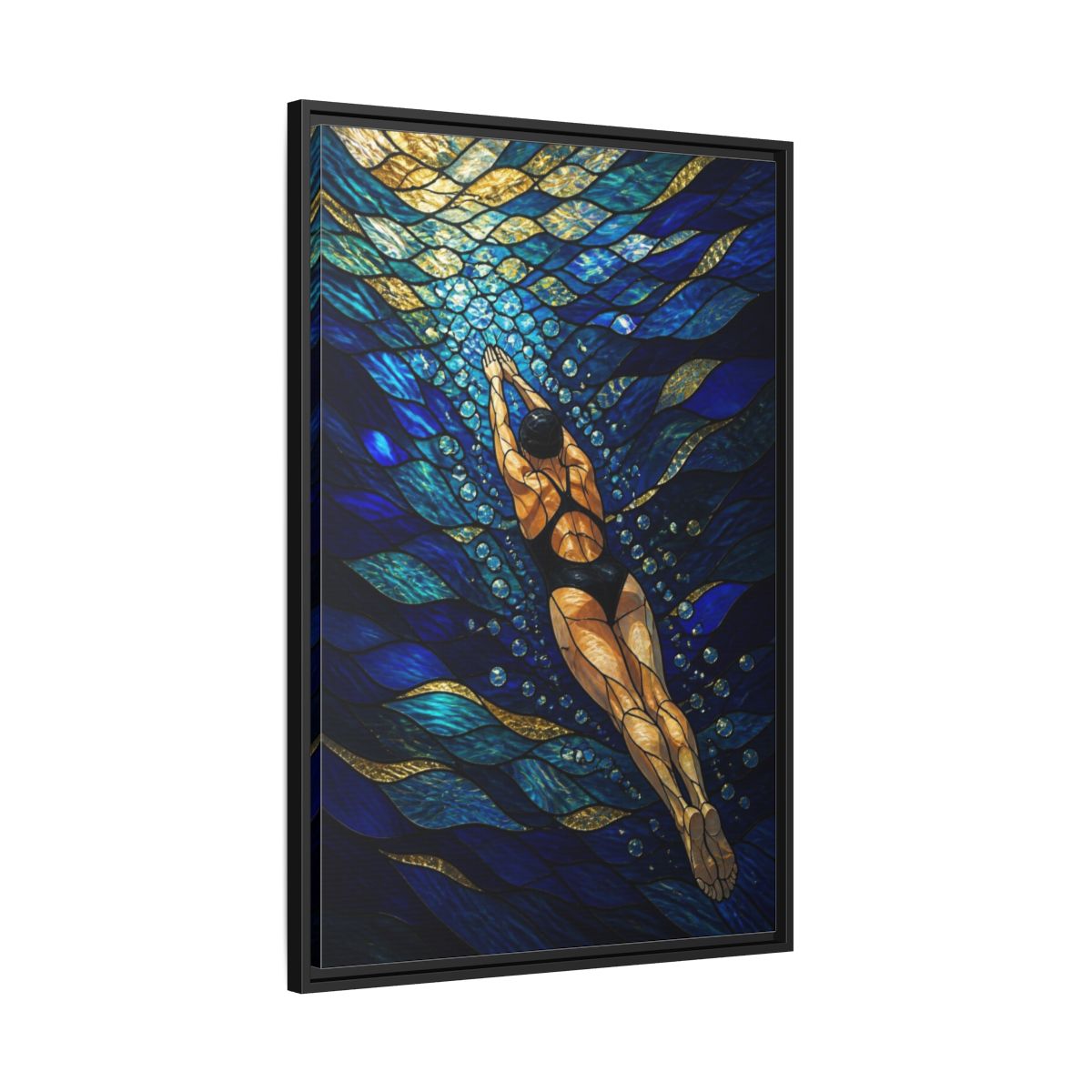 Side Mockup 13. Modern Swimmer Mosaic shown as framed canvas print