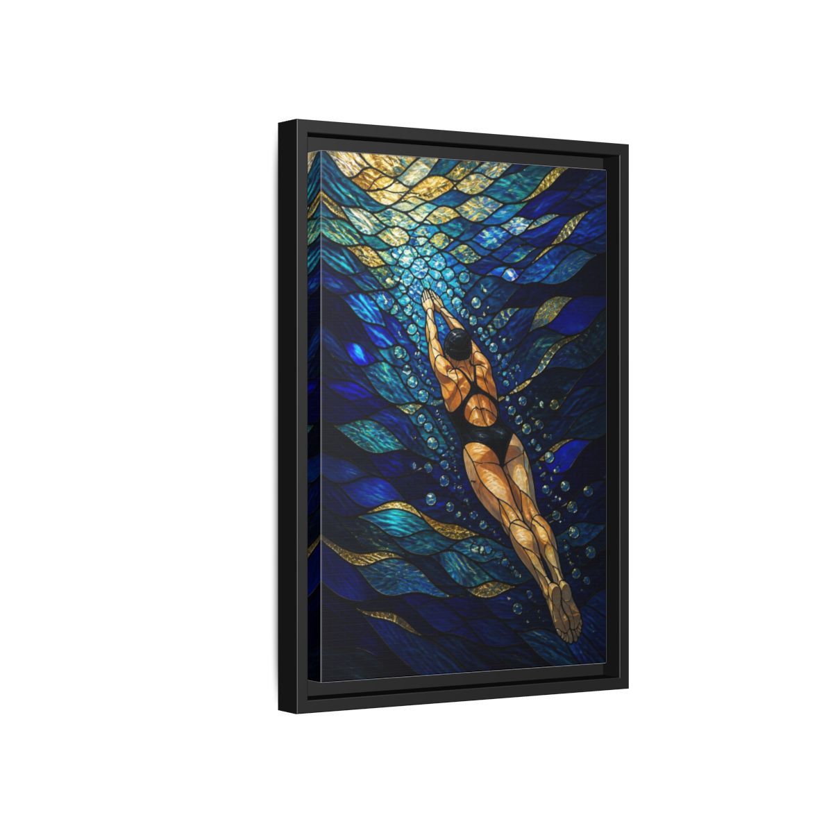 Side Mockup 6. Modern Swimmer Mosaic shown as framed canvas print