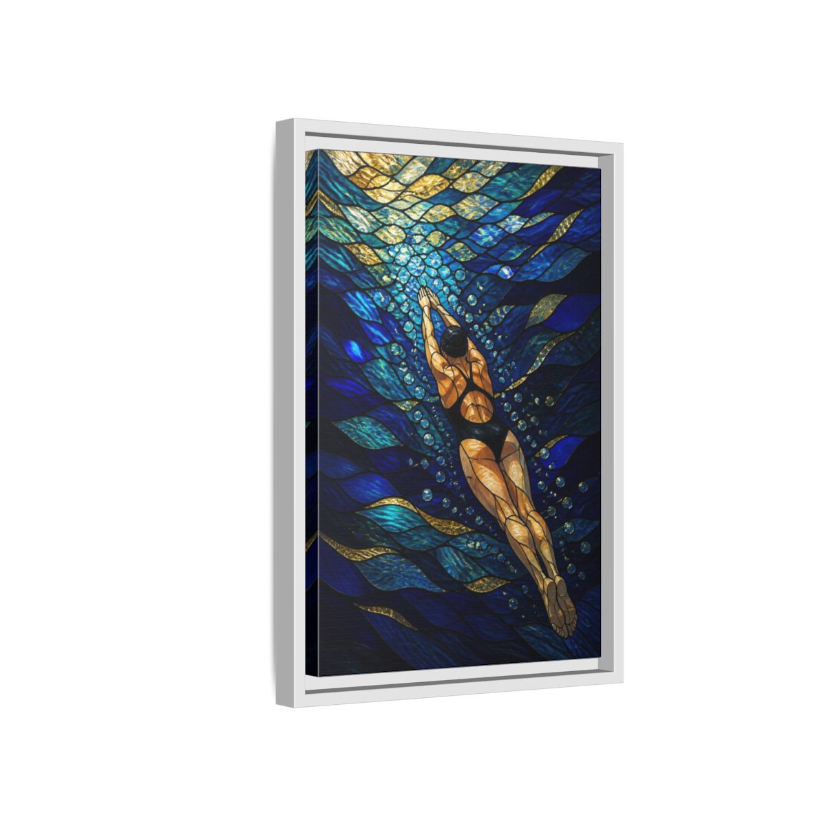 Side Mockup 4. Modern Swimmer Mosaic shown as framed canvas print