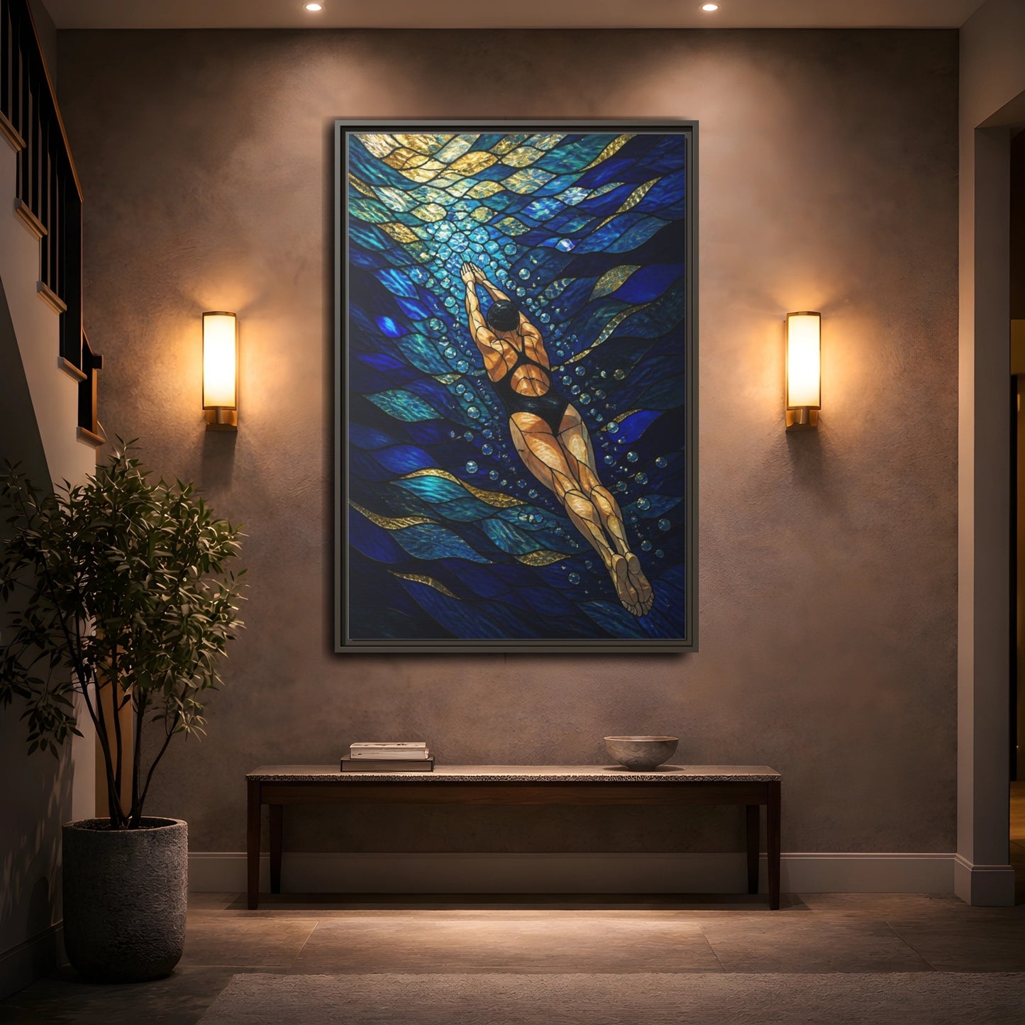Mockup 2. Modern Swimmer Mosaic shown as framed canvas print