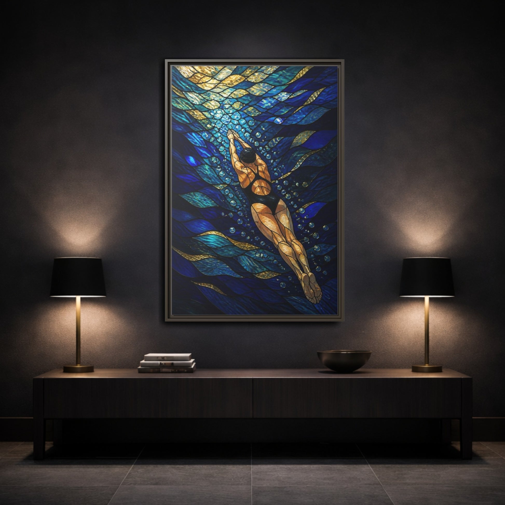 Mockup 3. Modern Swimmer Mosaic shown as framed canvas print