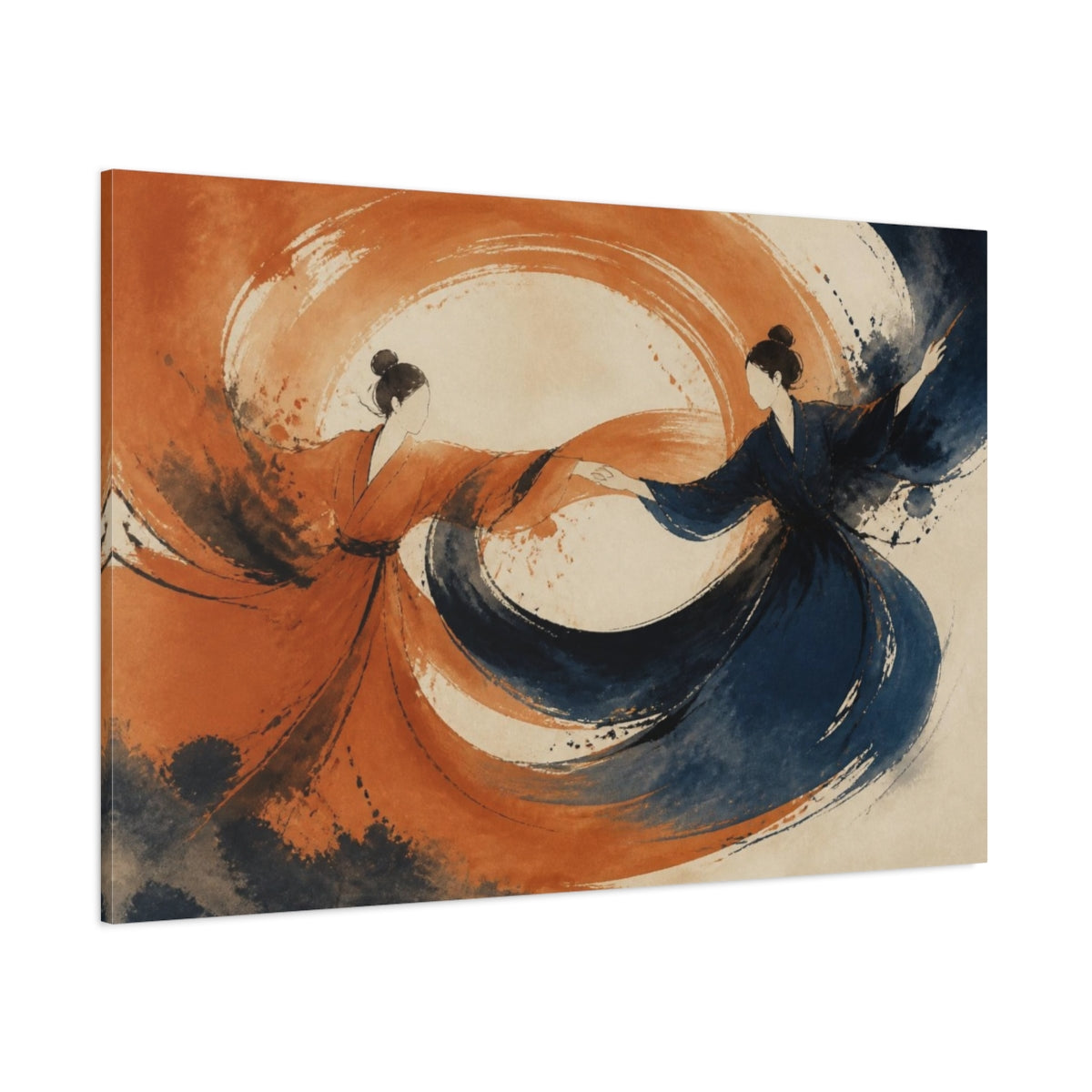 Side Mockup 1. Modern Swirling Dancers shown as canvas print