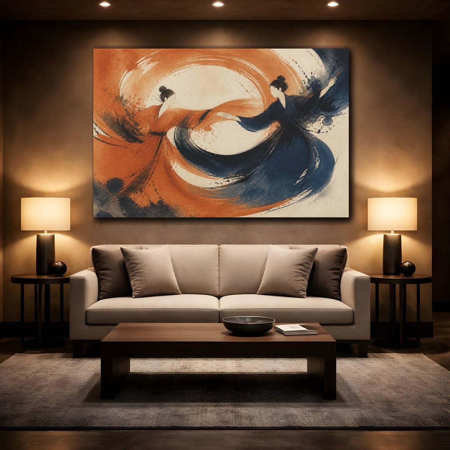Mockup 2. Modern Swirling Dancers shown as canvas print