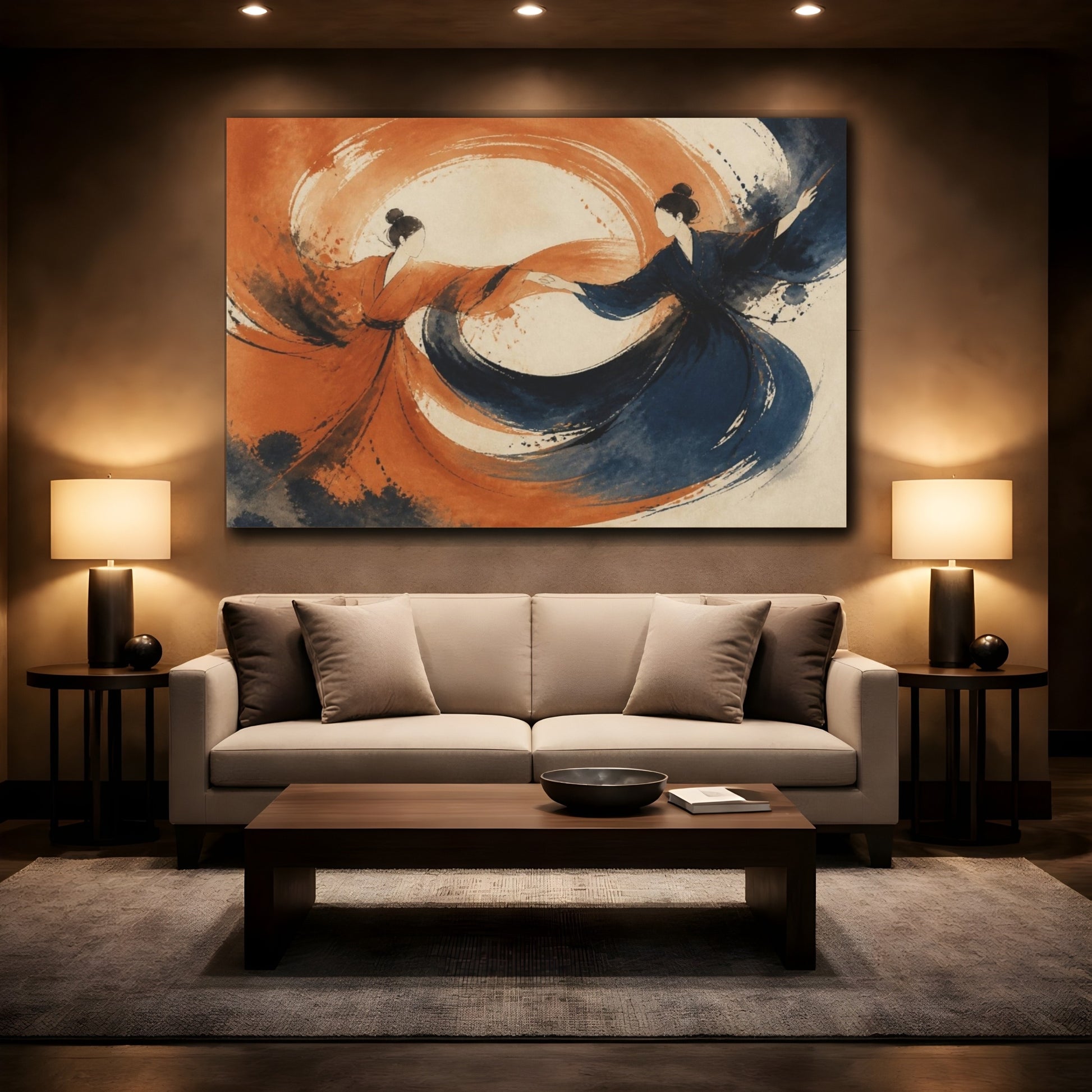 Mockup 2. Modern Swirling Dancers shown as canvas print