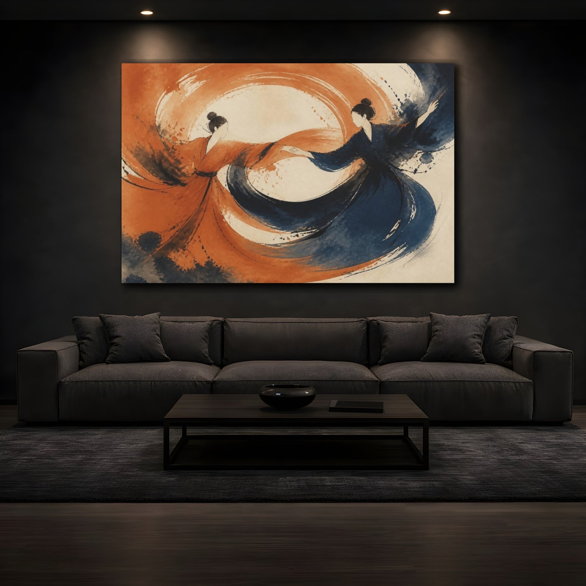 Mockup 3. Modern Swirling Dancers shown as canvas print