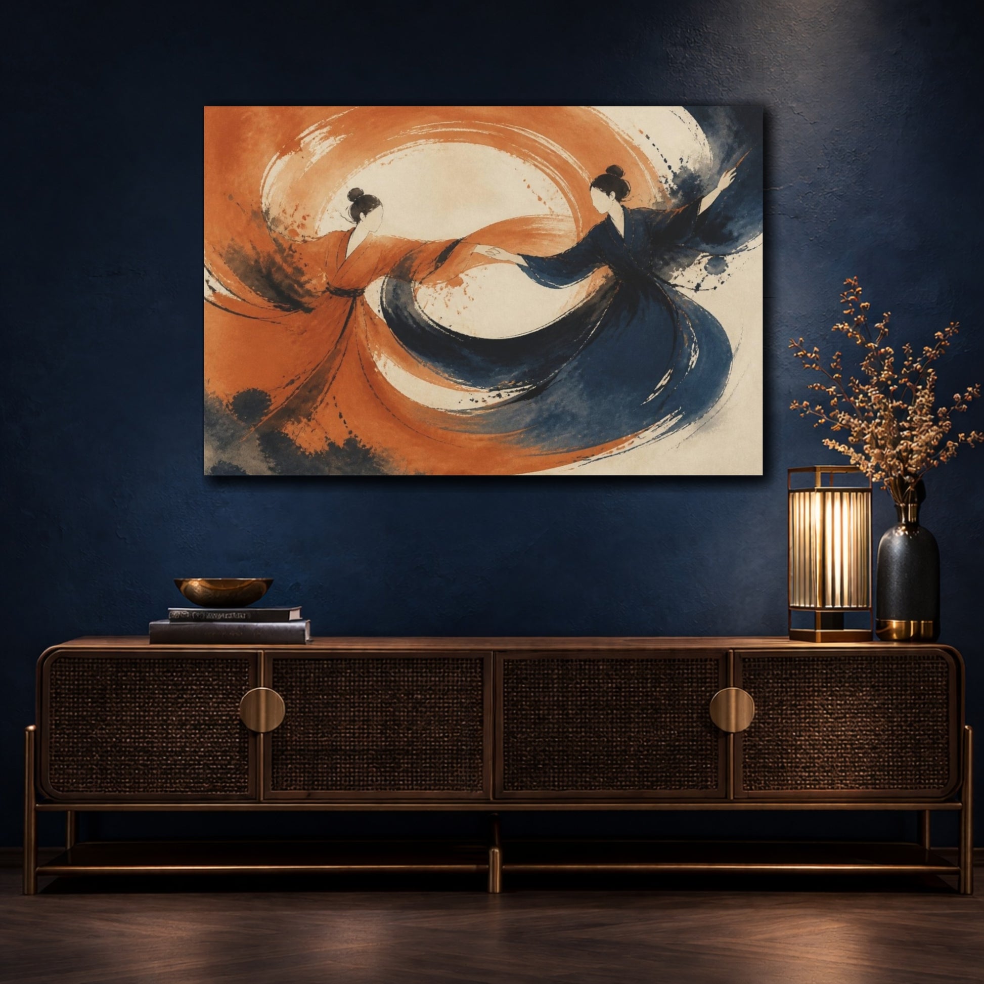 Mockup 4. Modern Swirling Dancers shown as canvas print