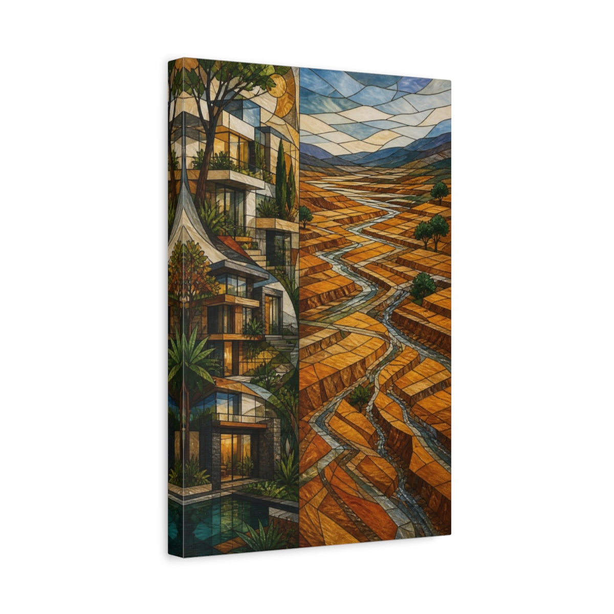 Side Mockup 4. Modern Terraced Valley shown as canvas print