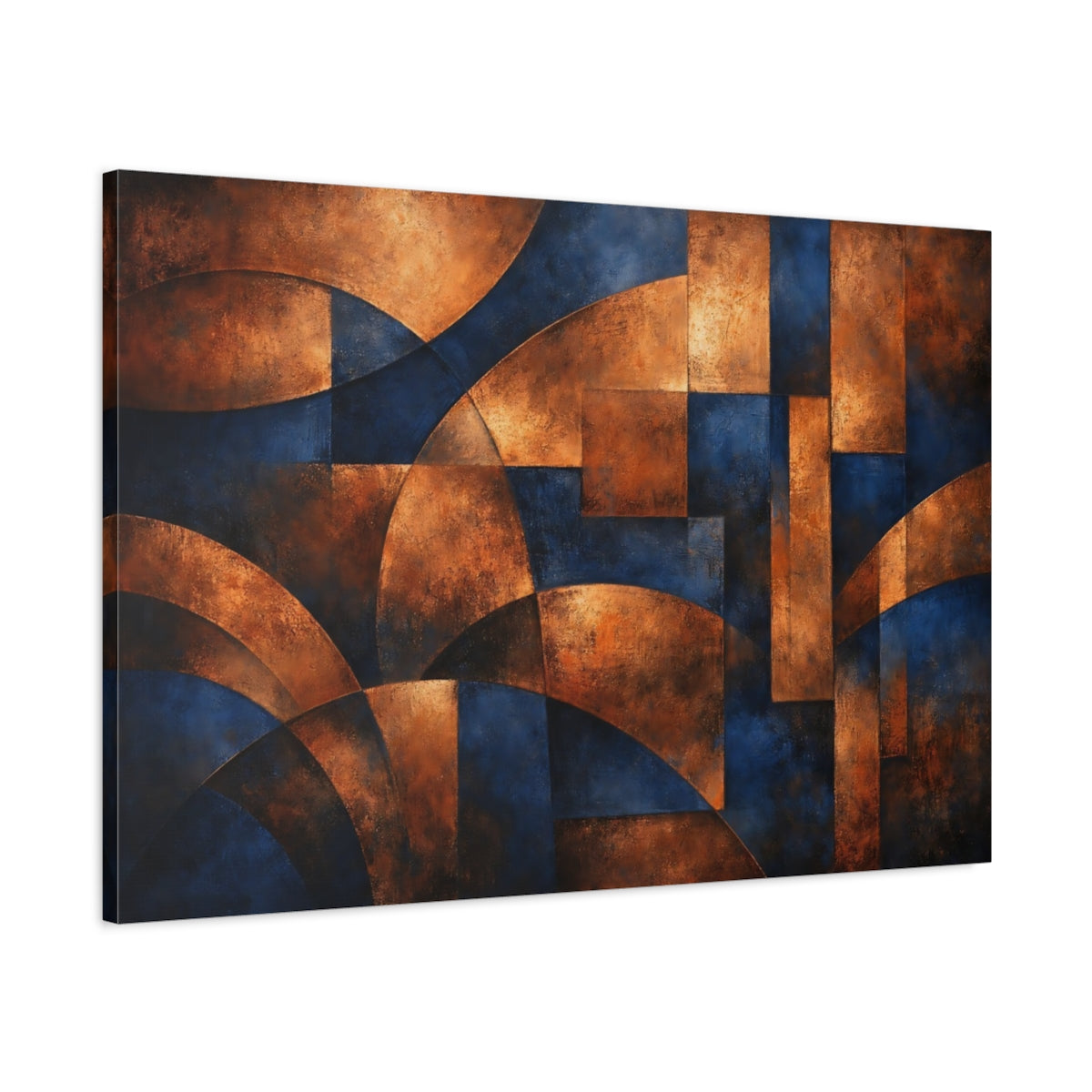 Side Mockup 1. Abstract Abstract Forms Blue And Copper shown as stretched canvas wall art