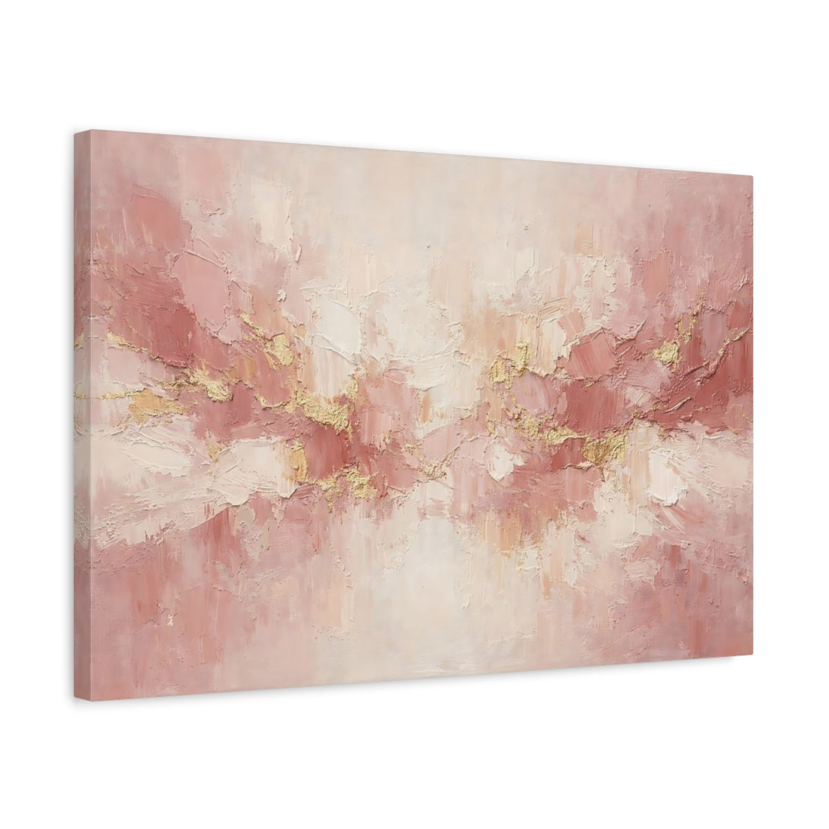 Side Mockup 3. Abstract Textured Strokes Pink Gold Abstract shown as stretched canvas wall art