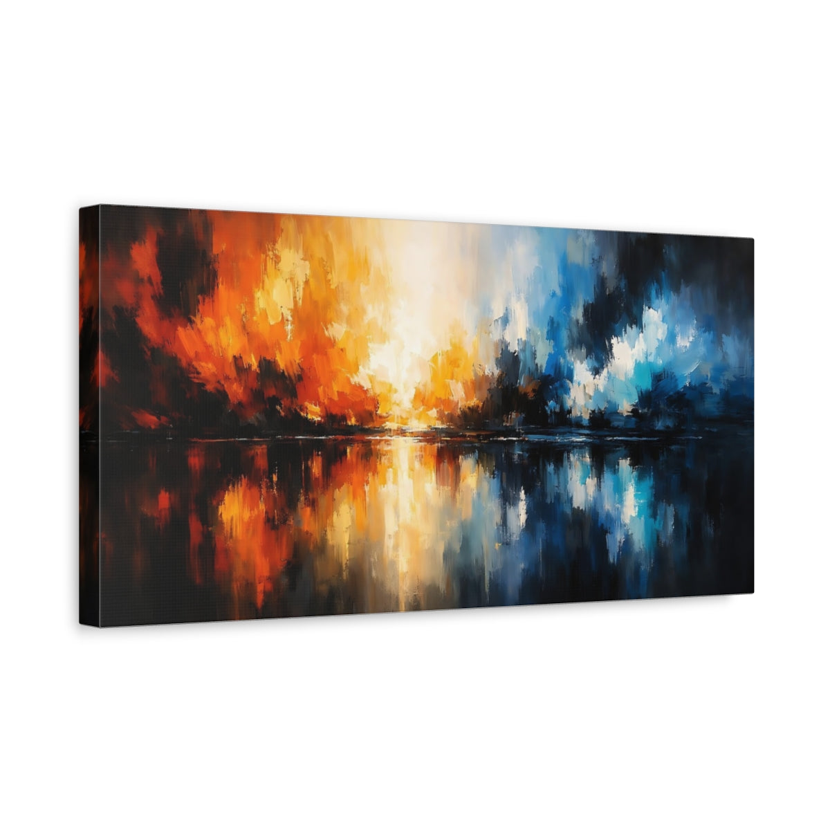 Side Mockup 3. Abstract Abstract Waterscape Abstract Orange Blue shown as stretched canvas wall art