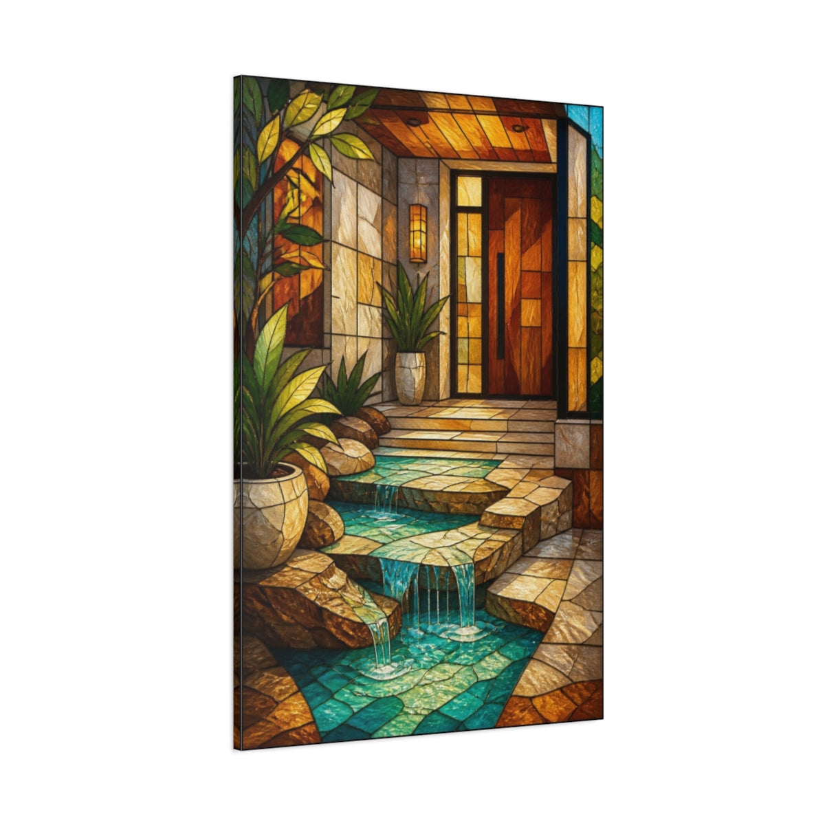 Side Mockup 1. Modern Turquoise Terrace Entryway shown as canvas print
