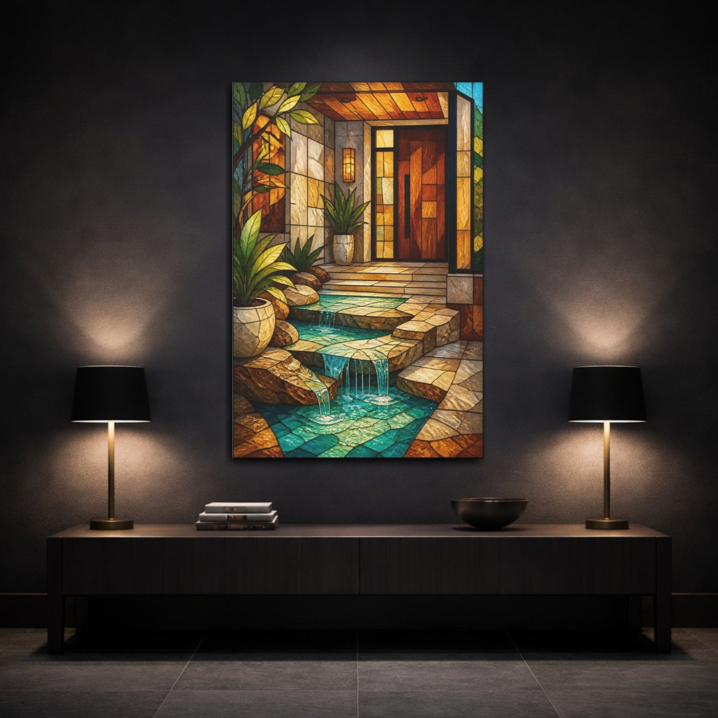 Mockup 3. Modern Turquoise Terrace Entryway shown as canvas print