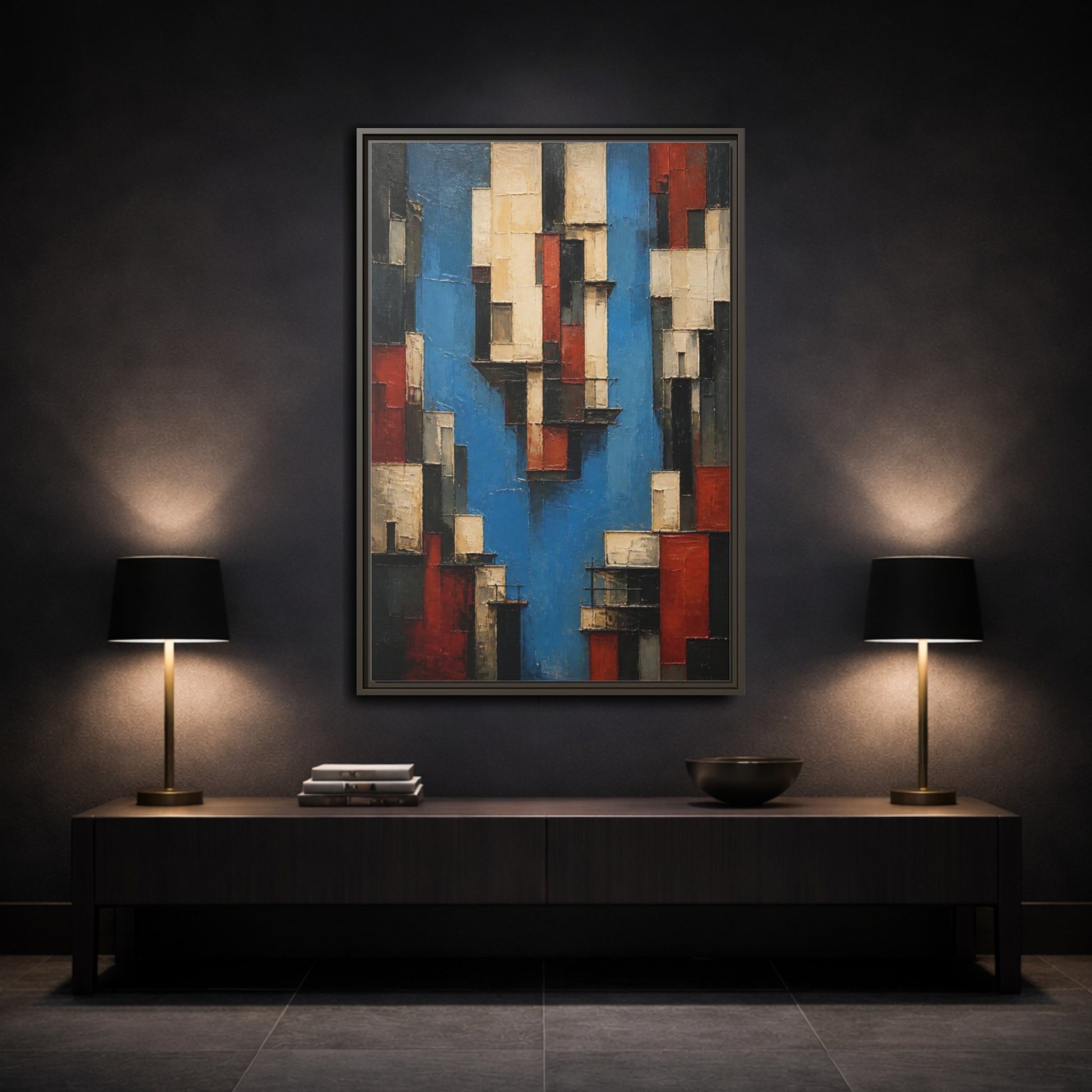 Mockup 3. Modern Urban Facades shown as framed canvas print