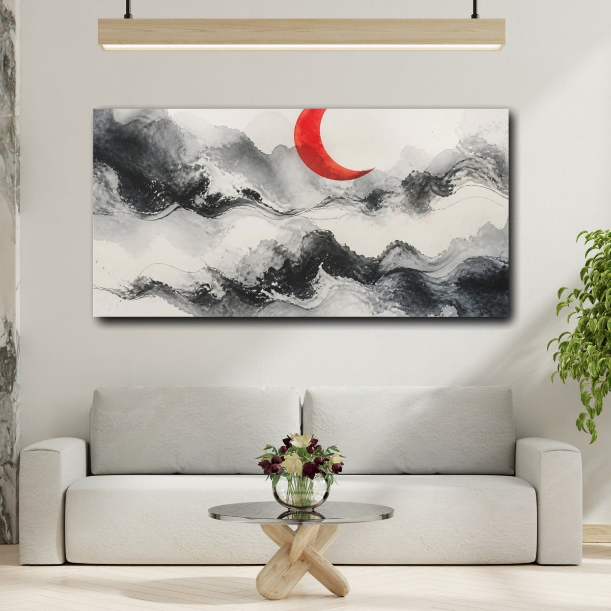 Modern Vermilion Crescent Canvas Print – Living Room, Above Fireplace, Stone Gray & - YesArtYes