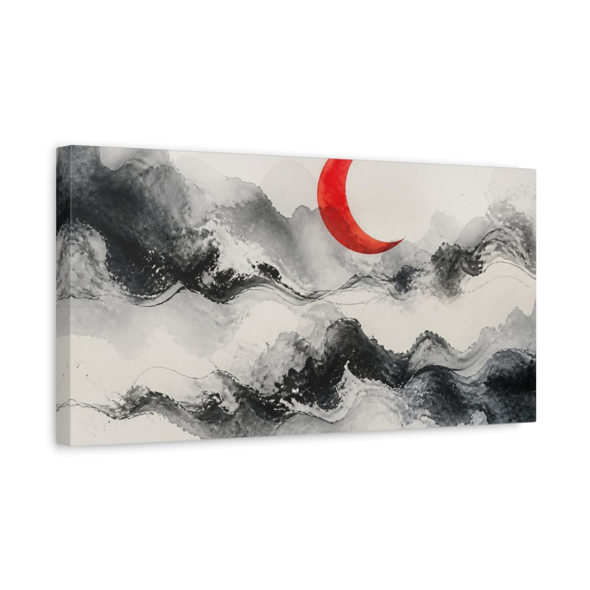 Side Mockup 3. Modern Vermilion Crescent shown as canvas print