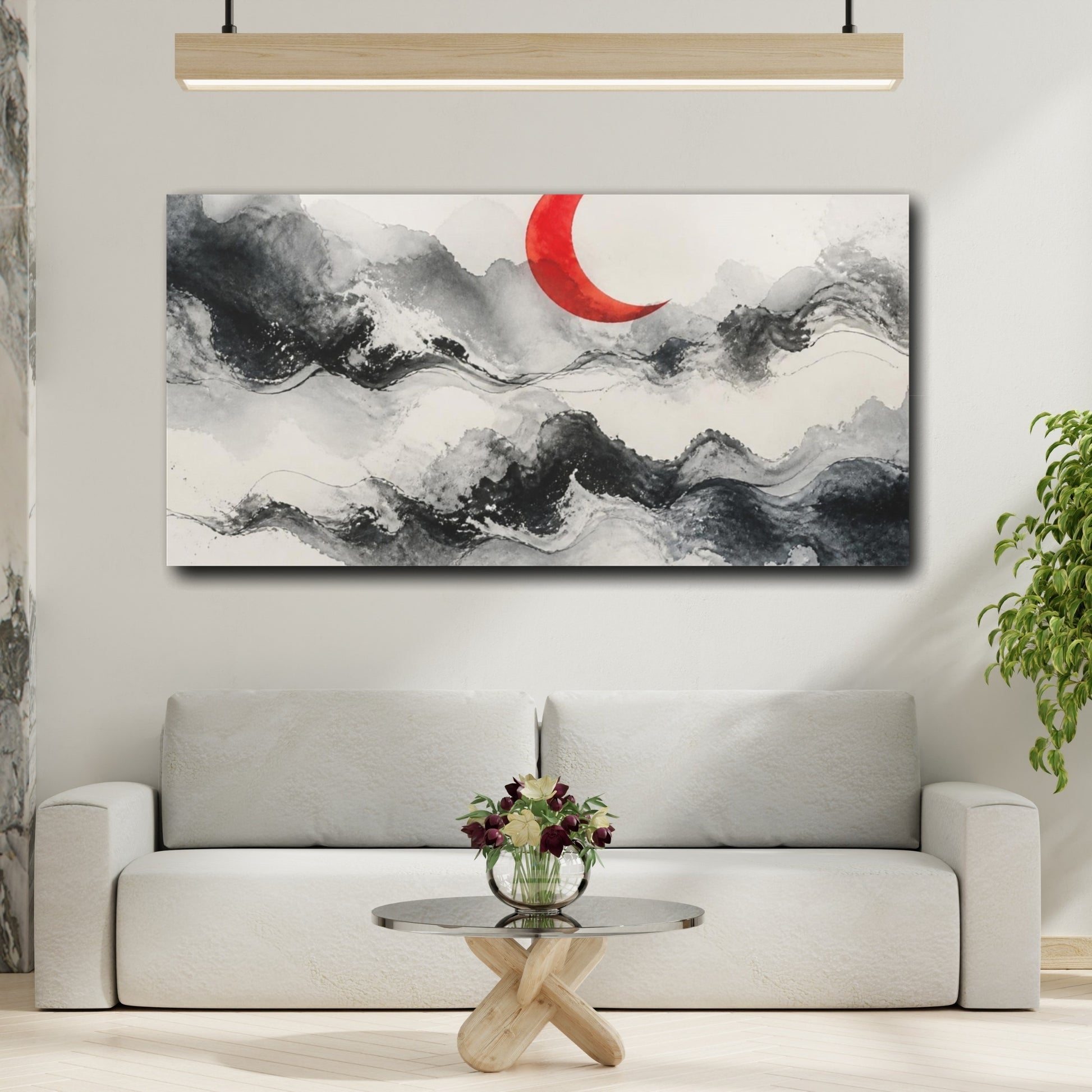 Mockup 2. Modern Vermilion Crescent shown as canvas print