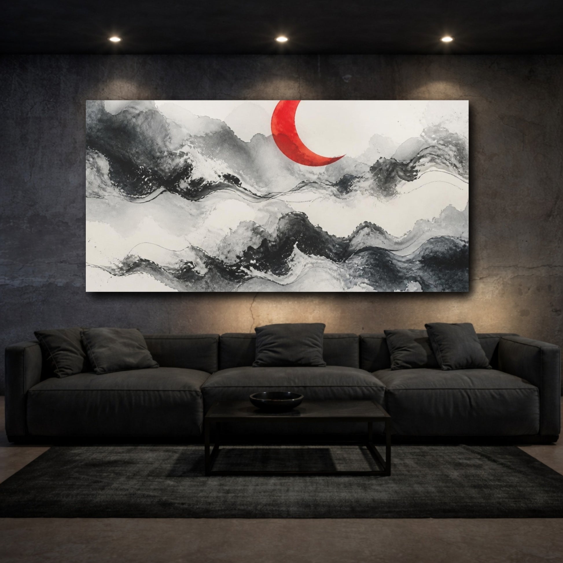Mockup 3. Modern Vermilion Crescent shown as canvas print