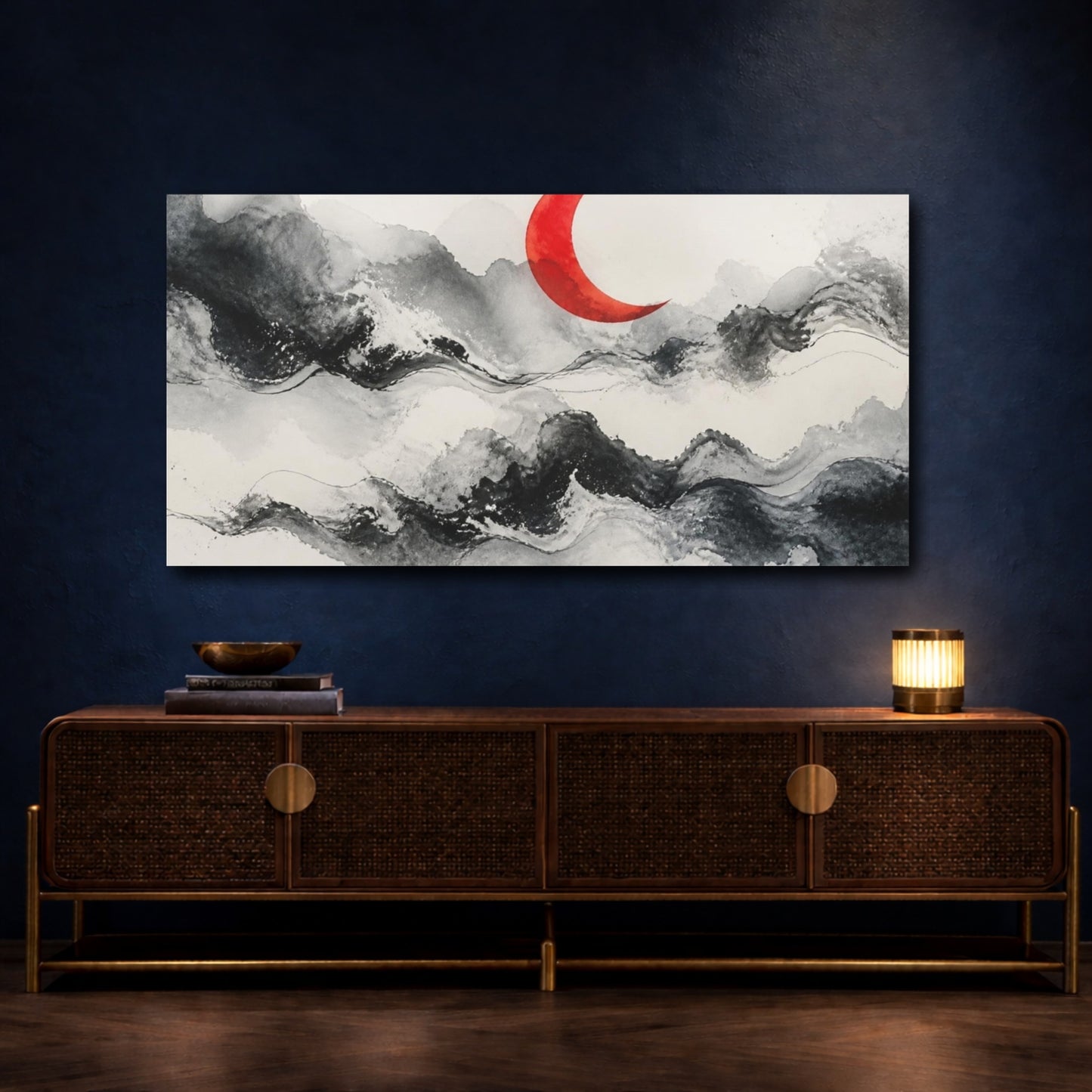 Mockup 4. Modern Vermilion Crescent shown as canvas print