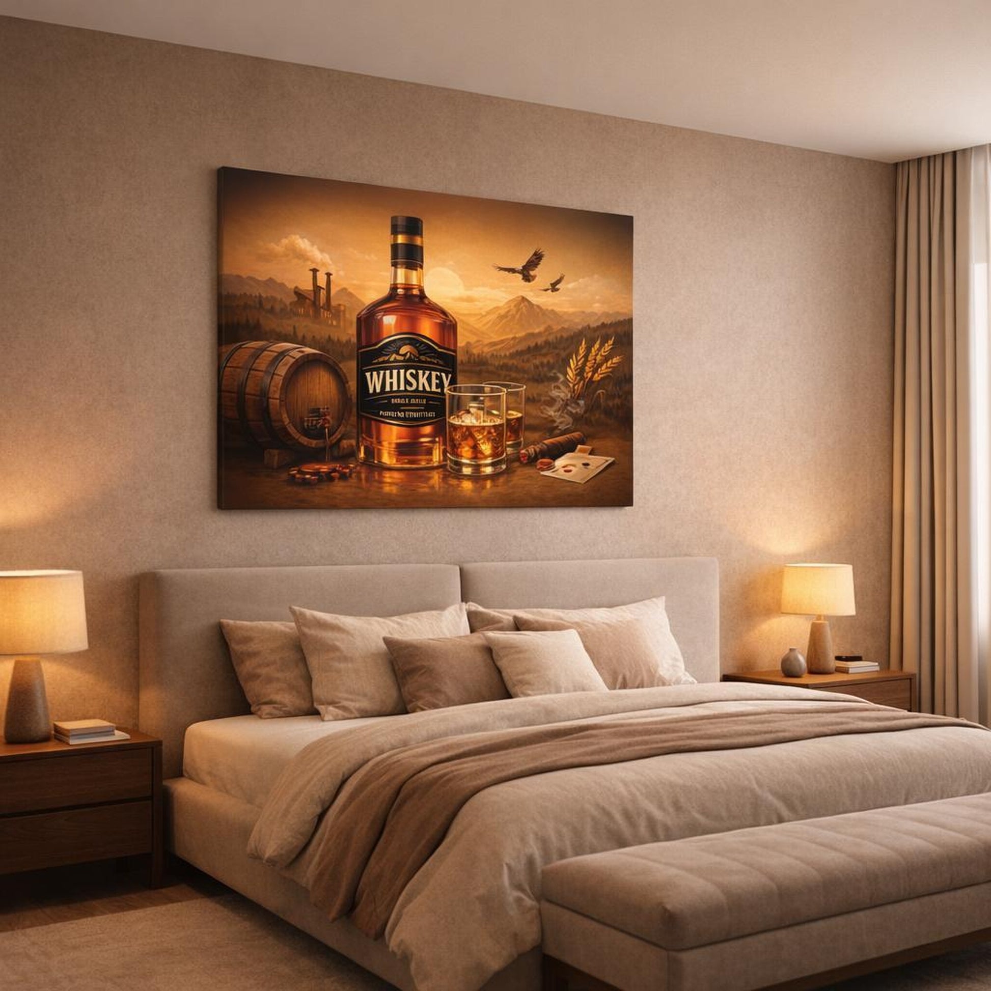Modern Whiskey Label shown as canvas wall art in a luxury bedroom