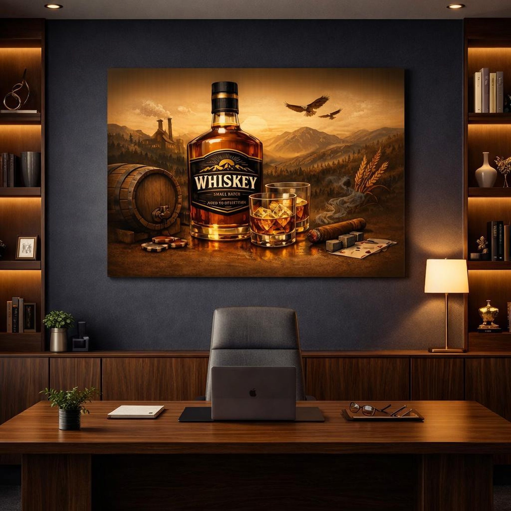 Modern Whiskey Label shown as canvas wall art in a refined dining room
