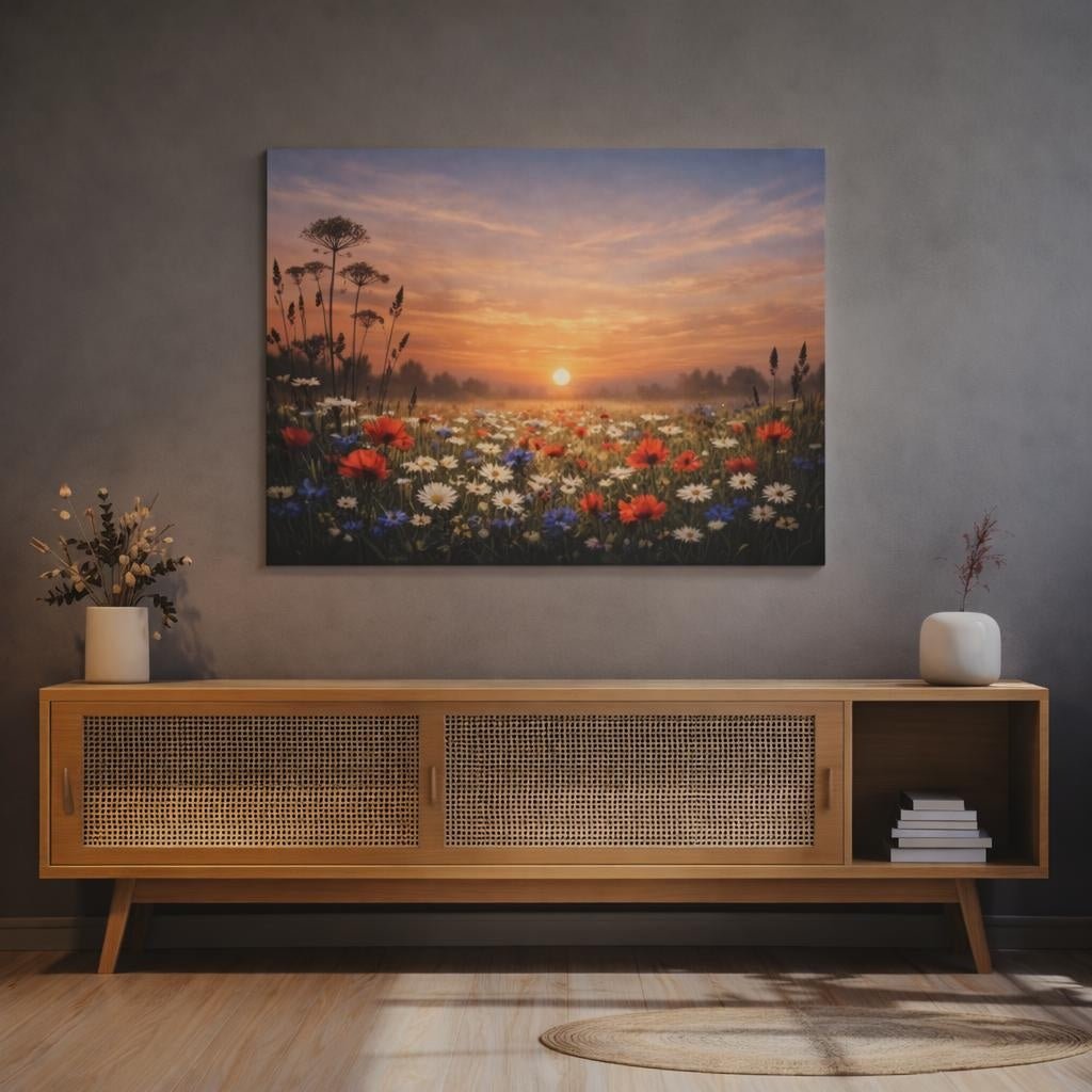Modern Wildflower Meadow Sunset Field Nature - Canvas Wall Art Print - YesArtYes