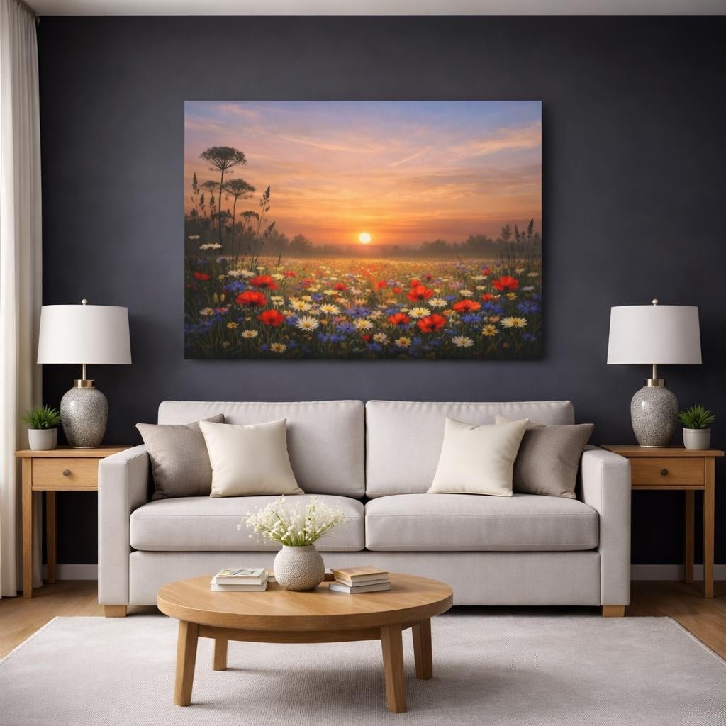 Modern Wildflower Meadow Sunset Field Nature - Canvas Wall Art Print - YesArtYes