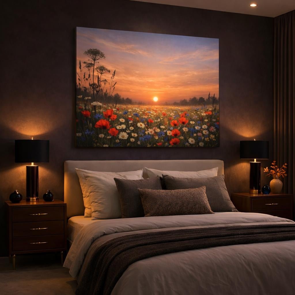 Modern Wildflower Meadow Sunset Field Nature - Canvas Wall Art Print - YesArtYes