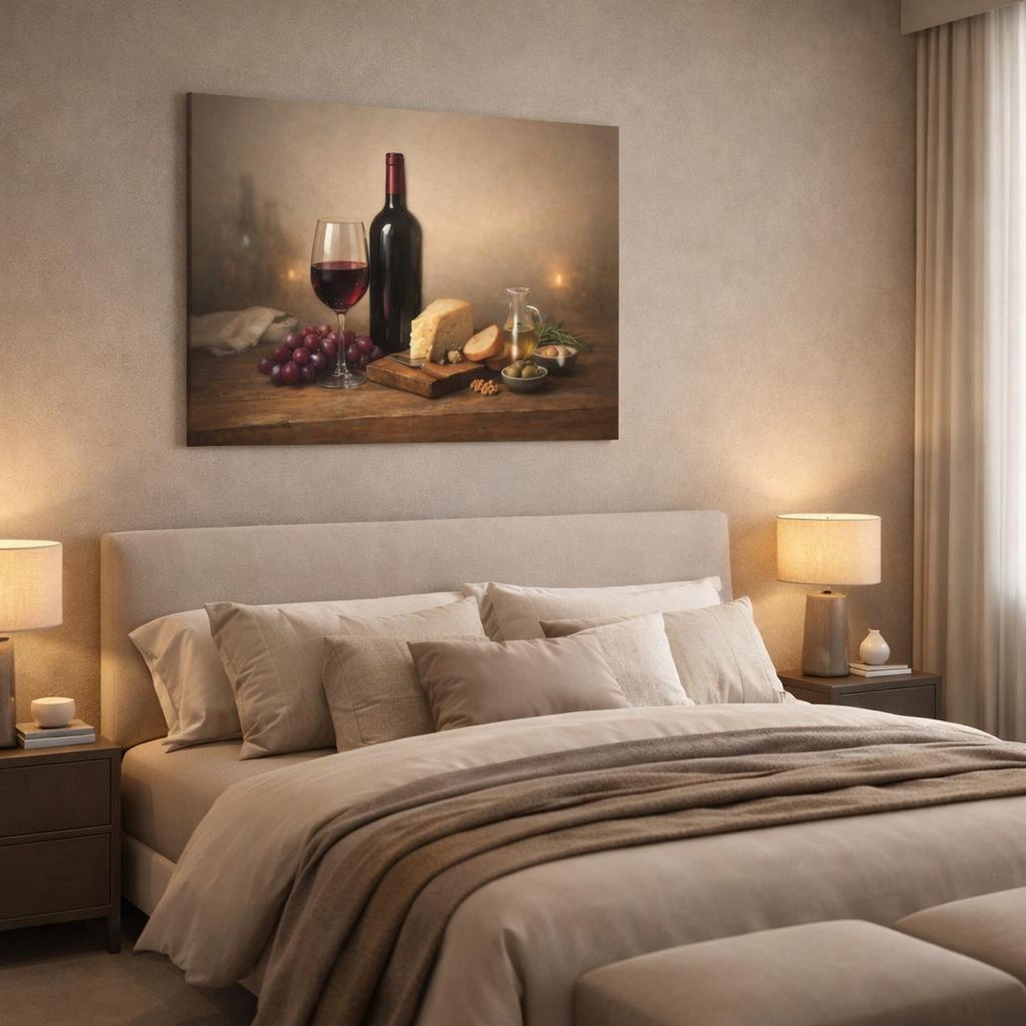 Modern Wine Time shown as canvas wall art in a luxury bedroom