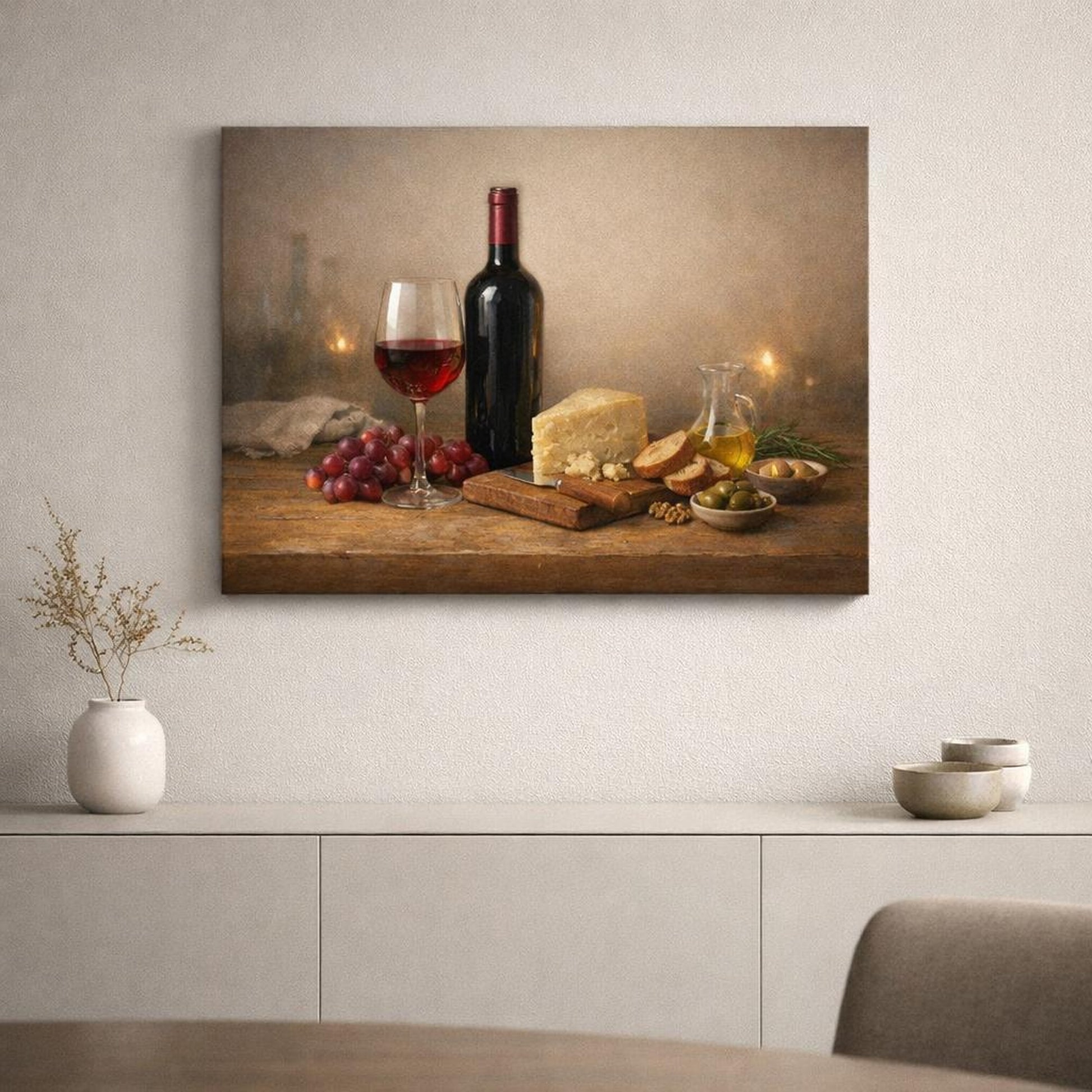 Modern Wine Time shown as canvas wall art in a refined dining room