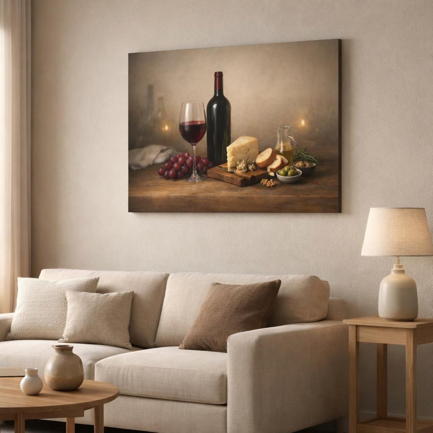 Modern Wine Time shown as canvas wall art in a modern living room