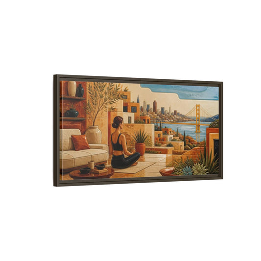 Main Mockup. Modern Woman Overlooking Bridge shown as framed canvas print