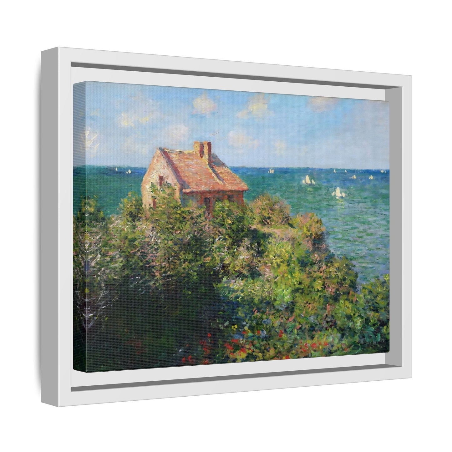 Monet Sea Landscape Framed Canvas Wall Art Print - Fisherman Cottage on the Cliffs