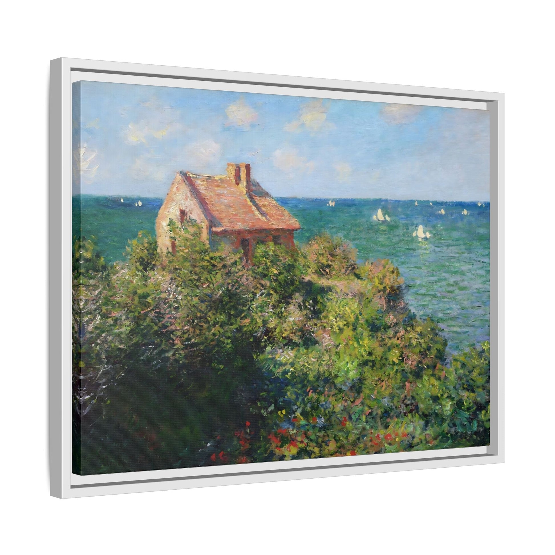 Monet Sea Landscape Framed Canvas Wall Art Print - Fisherman Cottage on the Cliffs