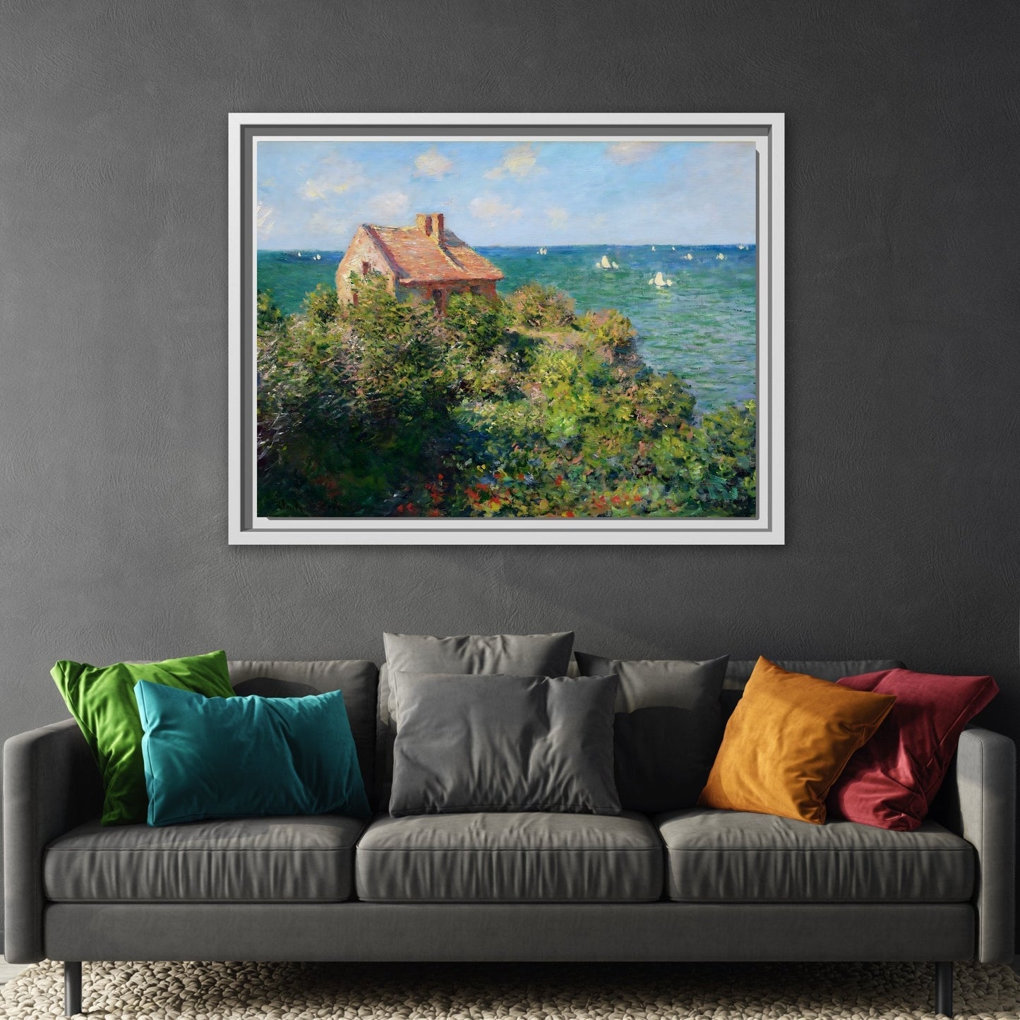 Monet Sea Landscape Framed Canvas Wall Art Print - Fisherman Cottage on the Cliffs