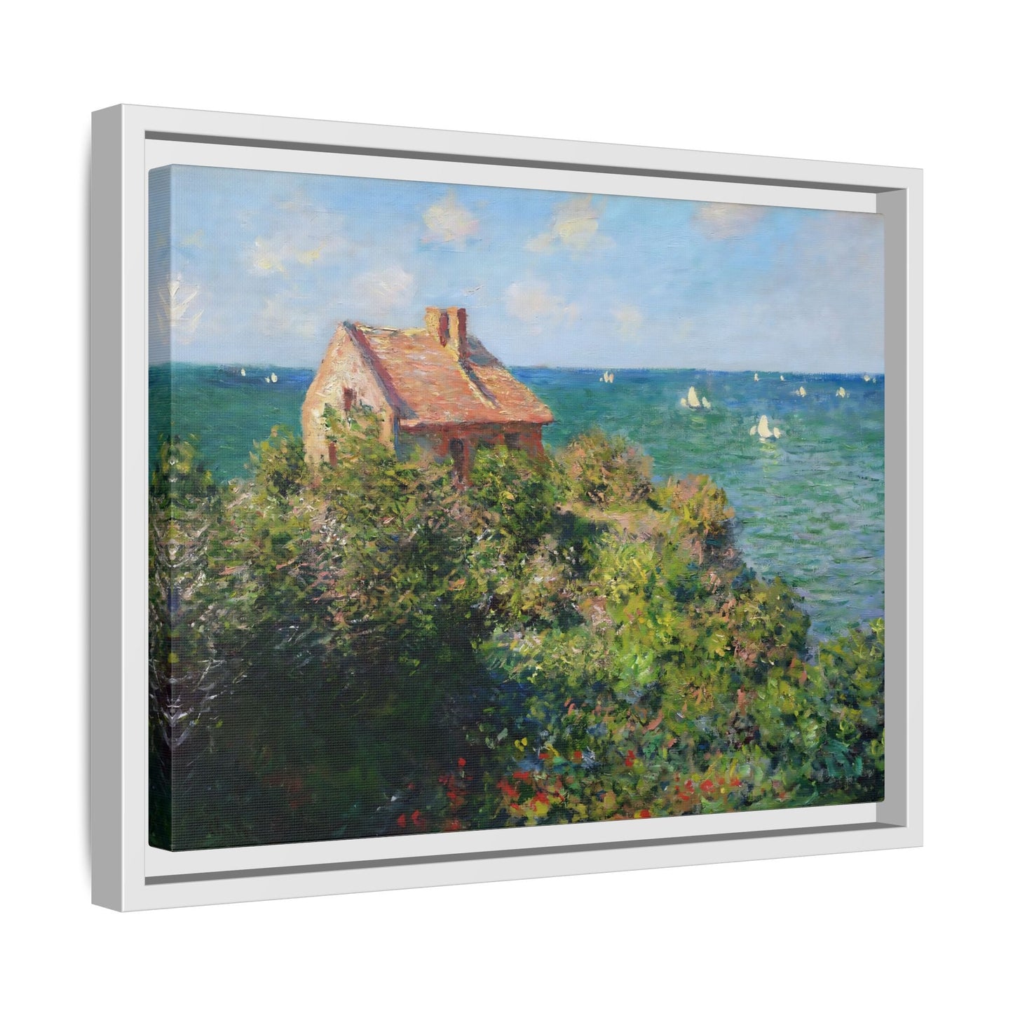 Monet Sea Landscape Framed Canvas Wall Art Print - Fisherman Cottage on the Cliffs