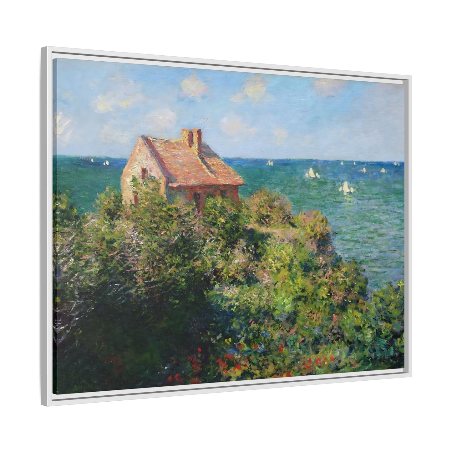 Monet Sea Landscape Framed Canvas Wall Art Print - Fisherman Cottage on the Cliffs