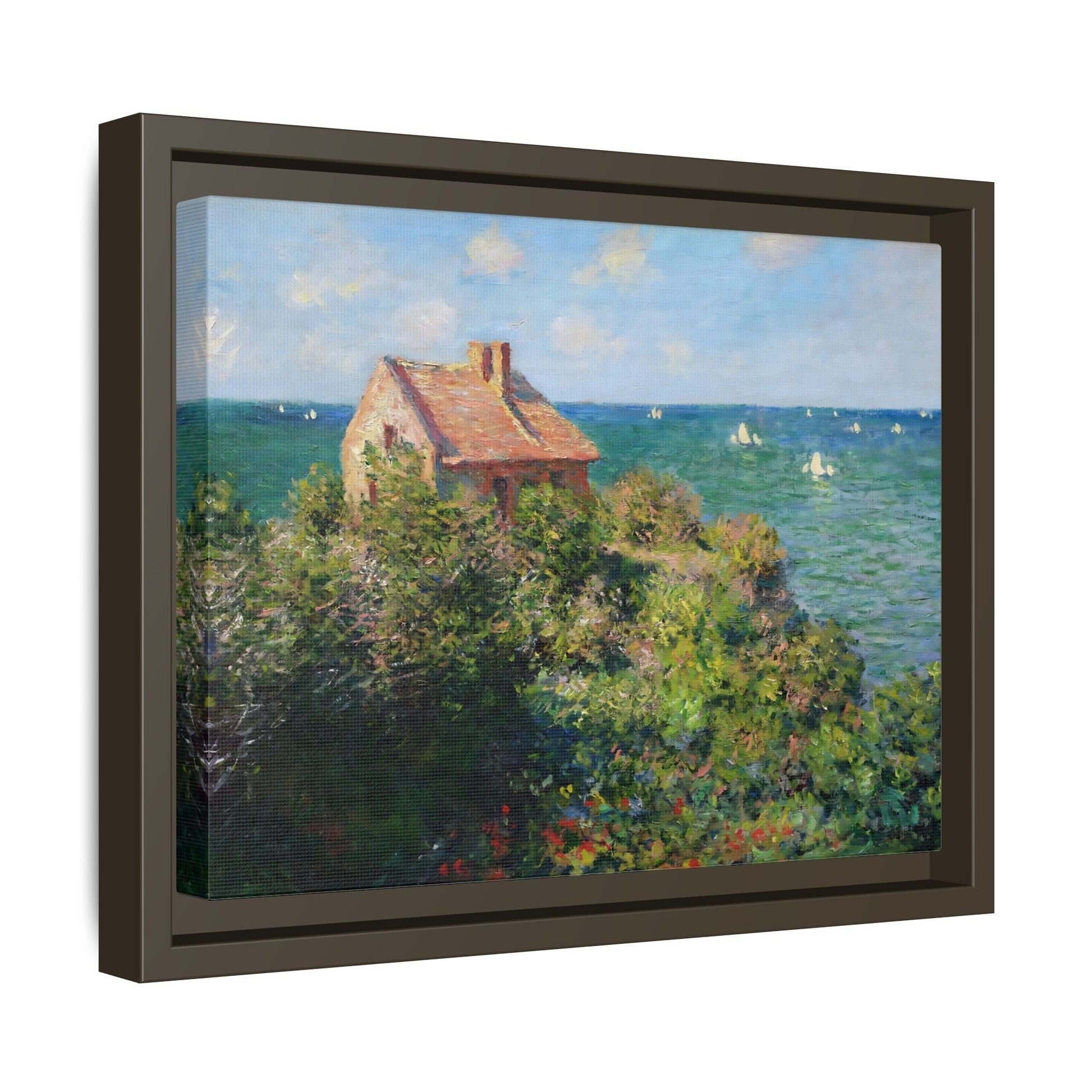 Monet Sea Landscape Framed Canvas Wall Art Print - Fisherman Cottage on the Cliffs