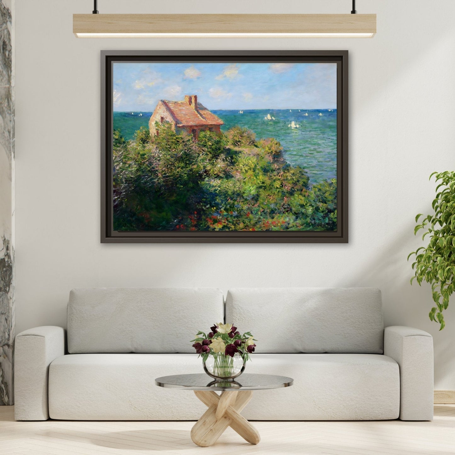 Monet Sea Landscape Framed Canvas Wall Art Print - Fisherman Cottage on the Cliffs