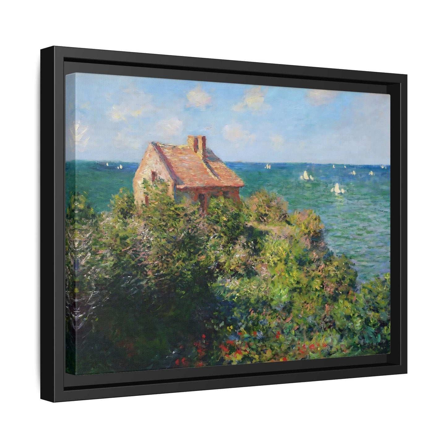 Monet Sea Landscape Framed Canvas Wall Art Print - Fisherman Cottage on the Cliffs