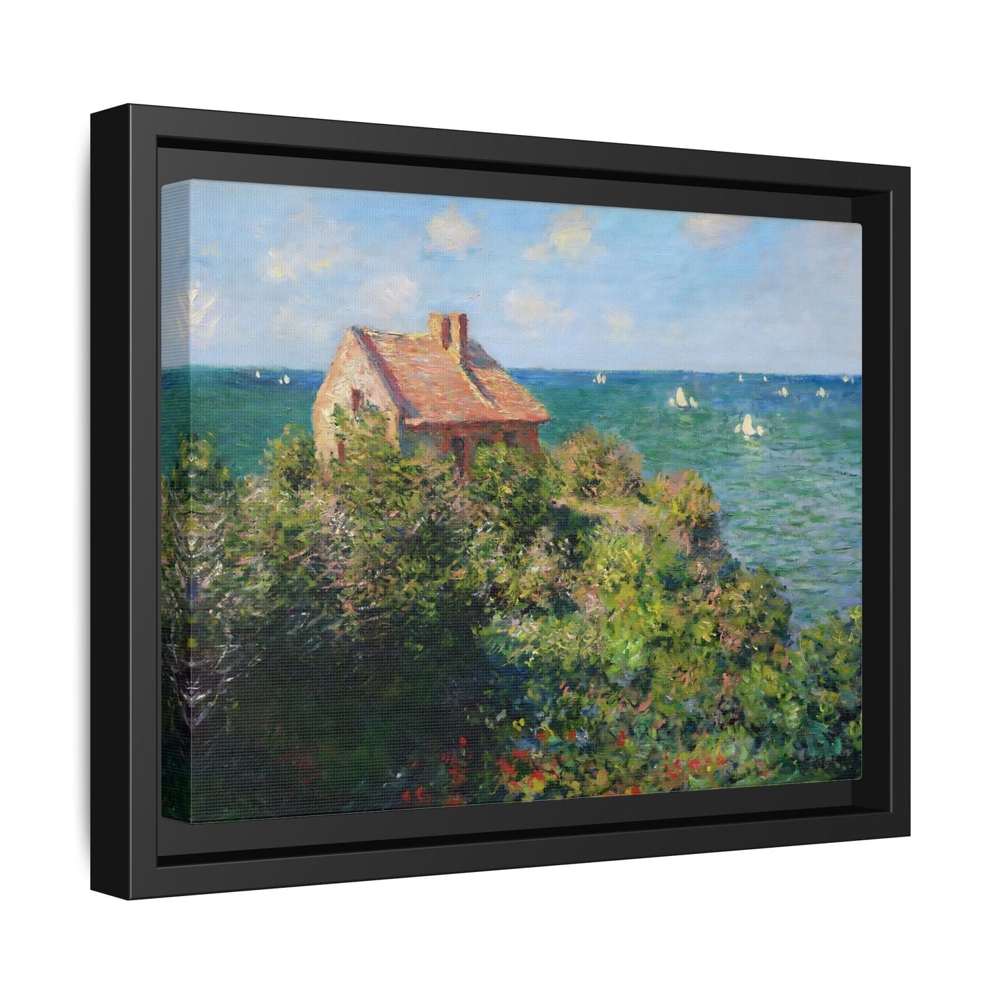 Monet Sea Landscape Framed Canvas Wall Art Print - Fisherman Cottage on the Cliffs