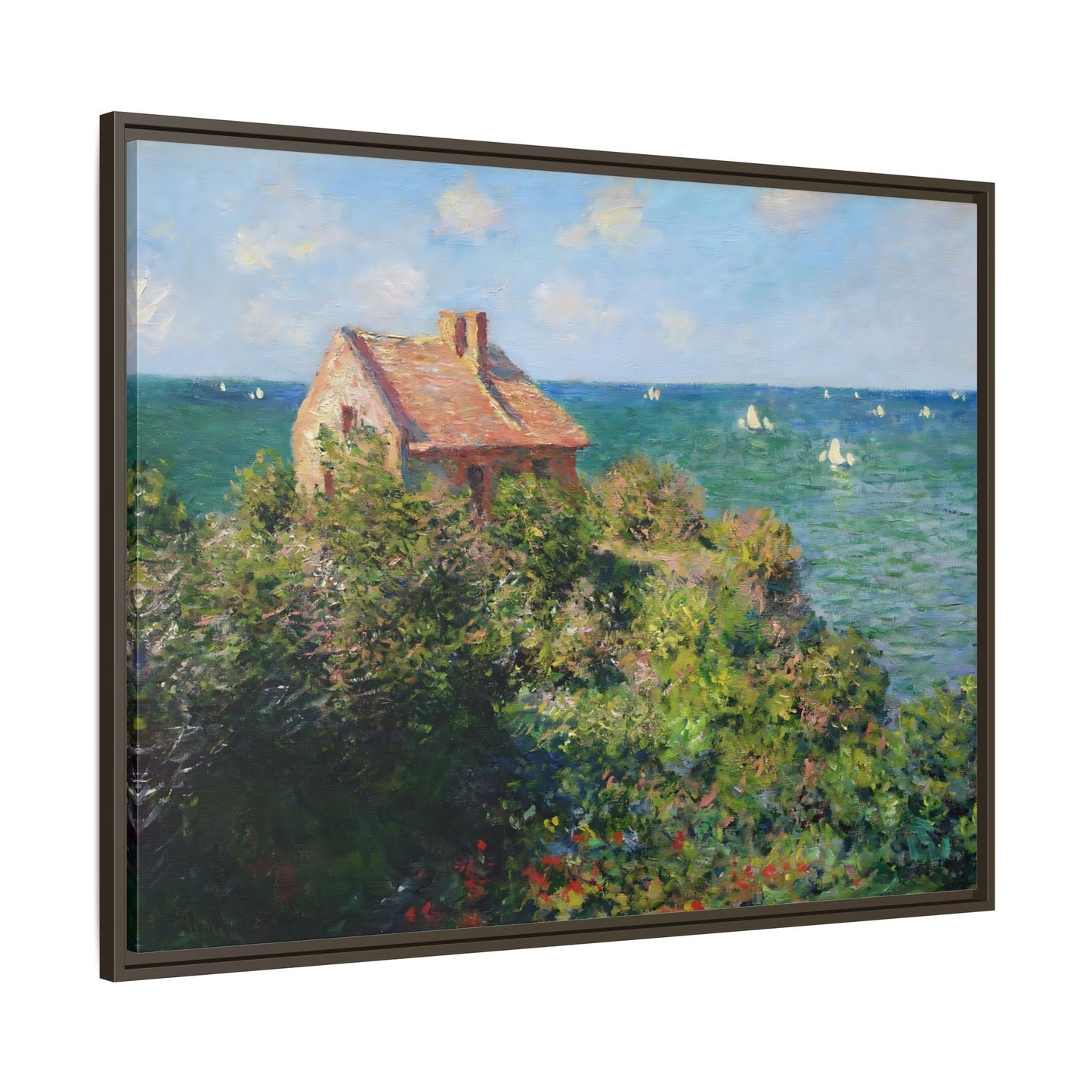 Monet Sea Landscape Framed Canvas Wall Art Print - Fisherman Cottage on the Cliffs