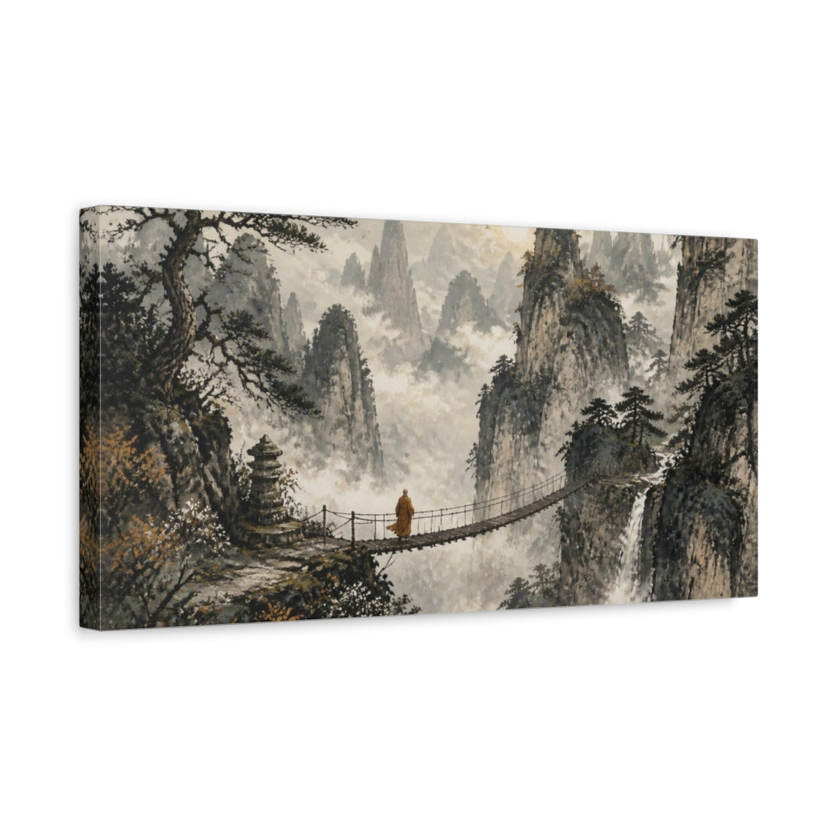 Side Mockup 3. Monk On Mountain Bridge shown as canvas print
