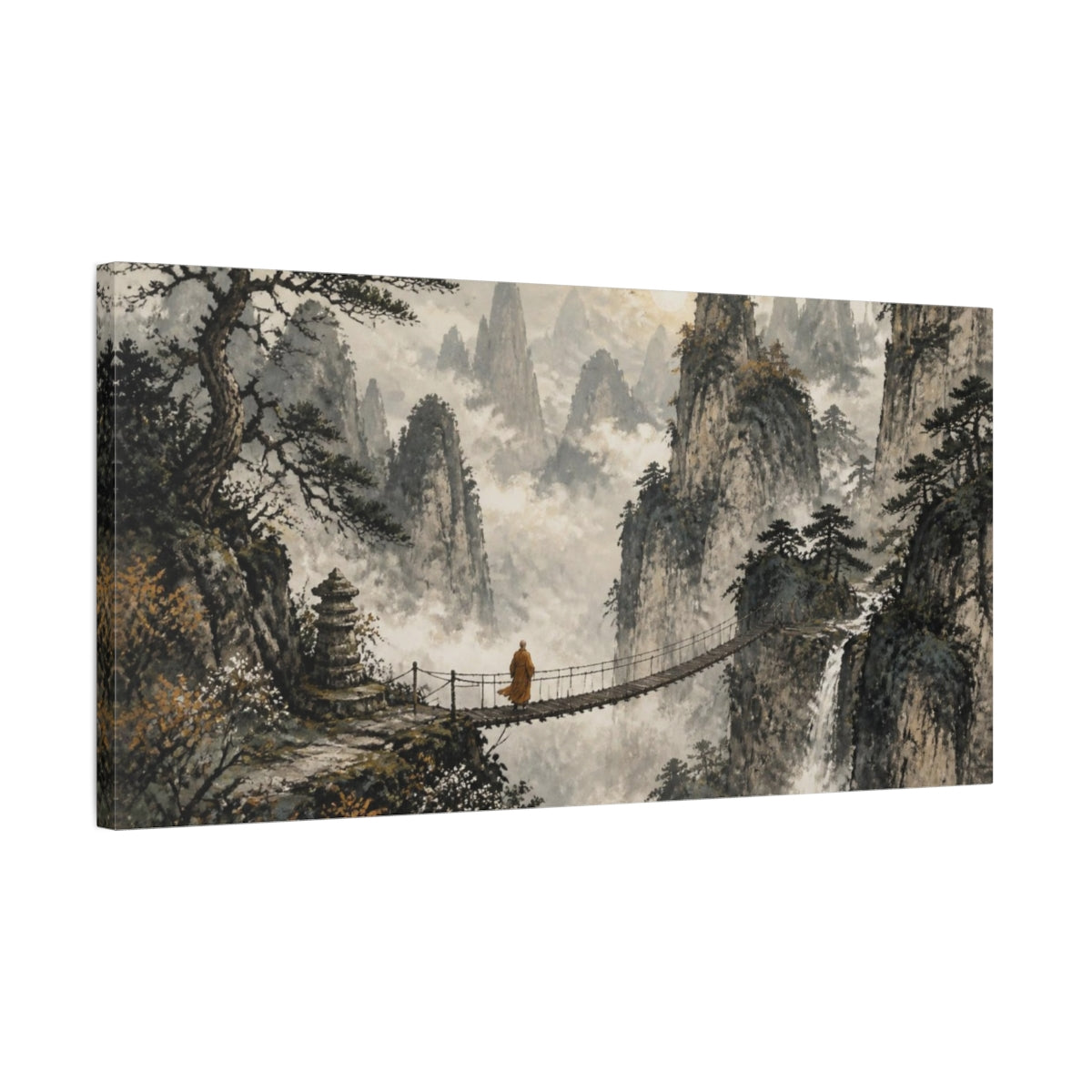 Side Mockup 1. Monk On Mountain Bridge shown as canvas print