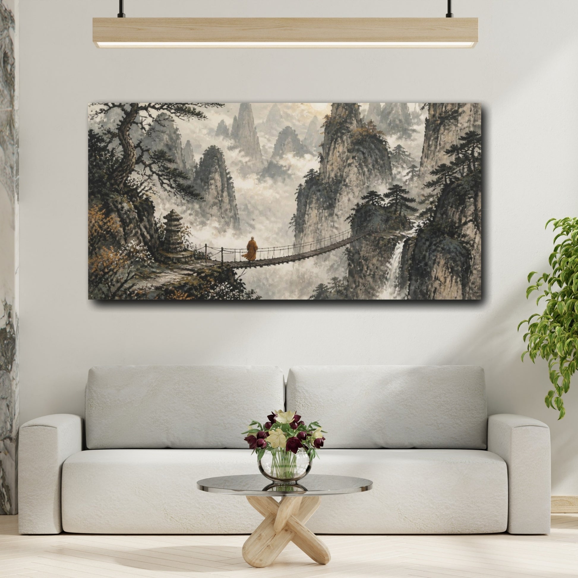 Mockup 2. Monk On Mountain Bridge shown as canvas print