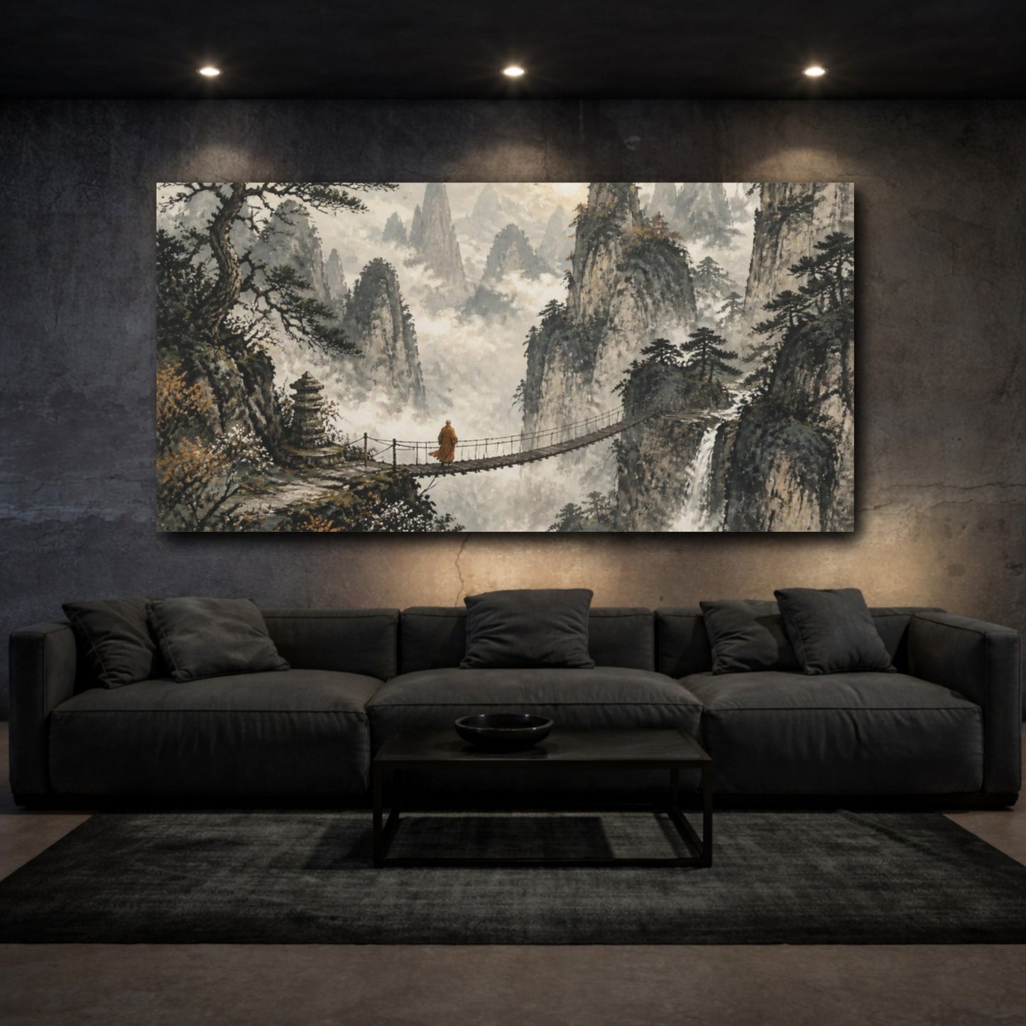 Mockup 3. Monk On Mountain Bridge shown as canvas print